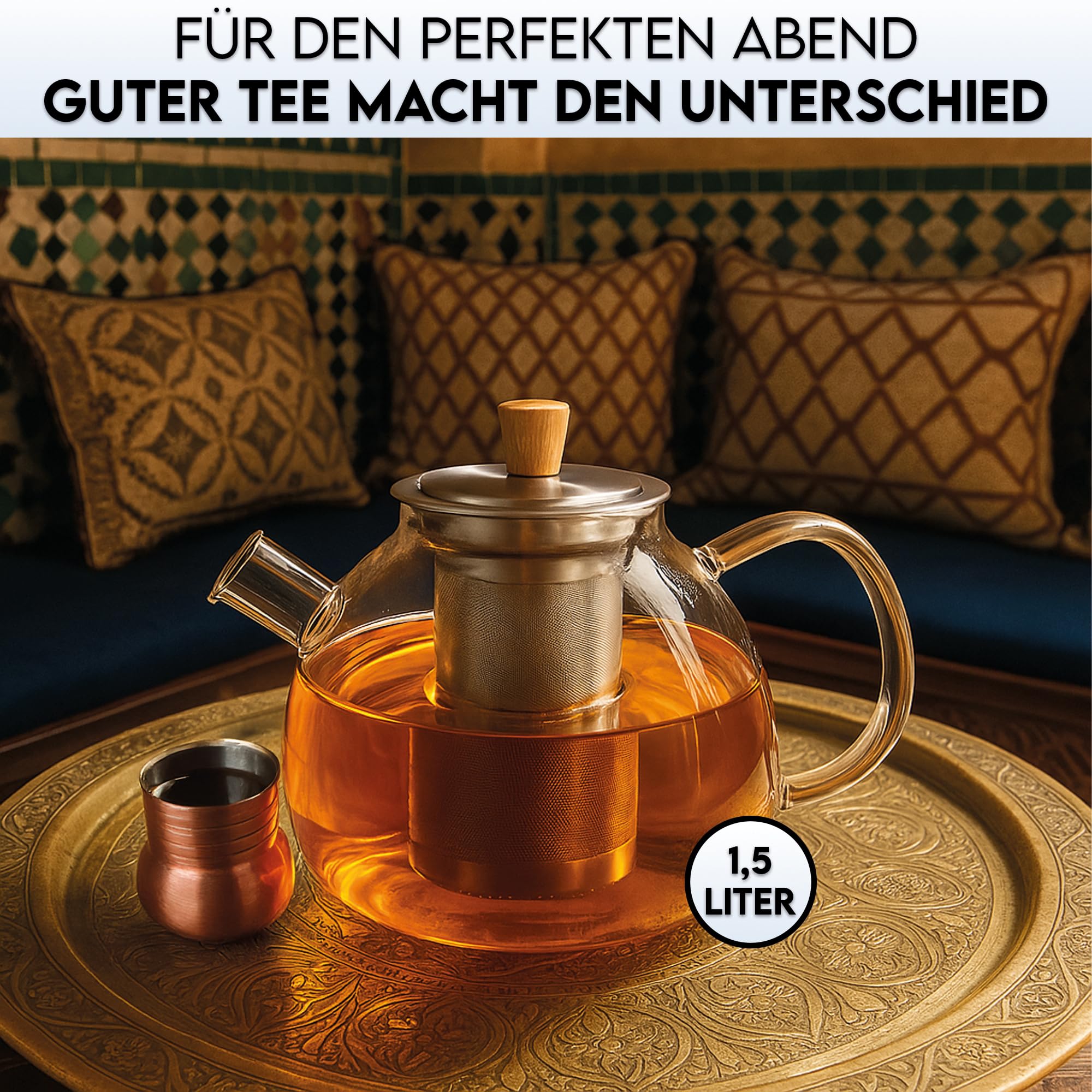 Teekanne aus Glas mit Edelstahl-Sieb Unterteller Dobin – 1,5 Liter – Borosilikatglas & Bambus Unterteller – Tropffrei, Hitzebeständig, Spülmaschinenfest (Teekanne)