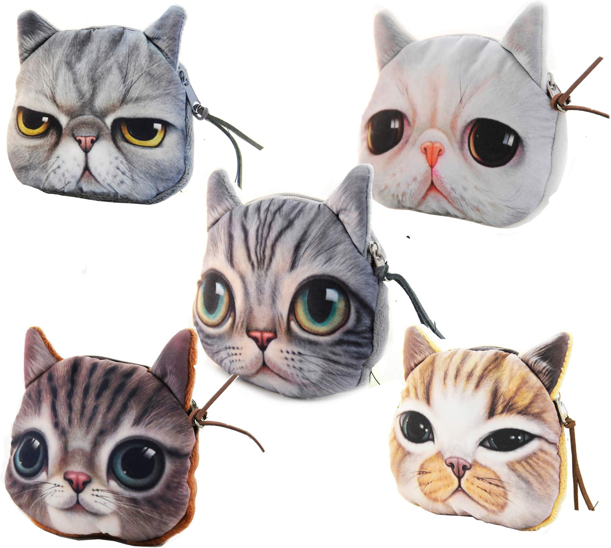 Hoxis Adorable 3D Cat and Dog Face Plush Coin Purse (5 pieces, Small)