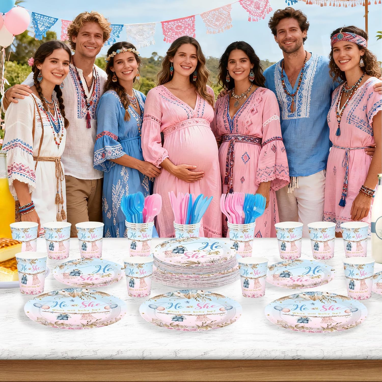 168Pcs Boho Gender Reveal Party Decorations He or She Blue and Pink Plates Napkins Cups Forks Knives Spoons Disposable Paper Tableware for Boy or Girl Baby Shower Party Supplies Serves 24