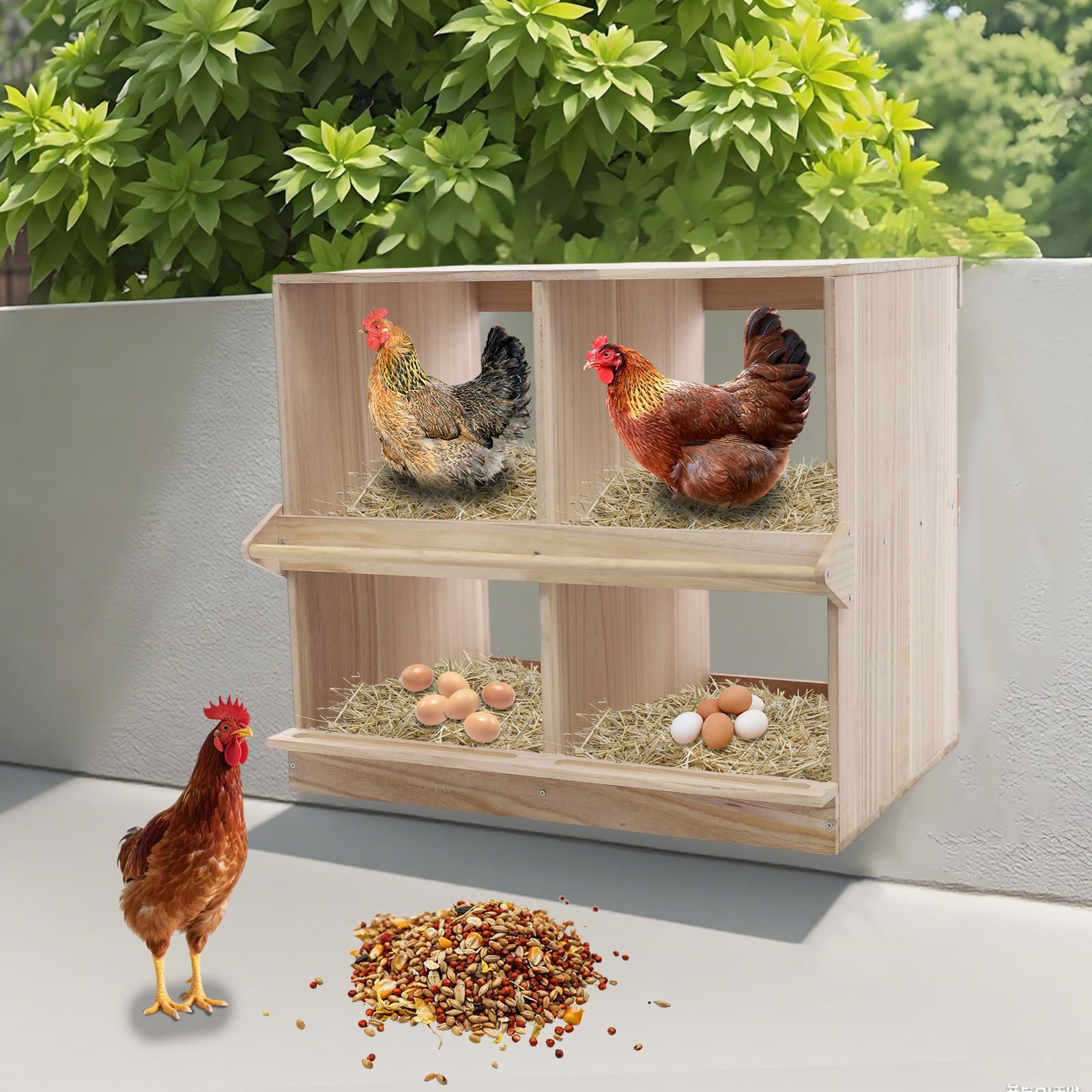 Legenester für Hühner 4 Abteile, Holz Hühnernest Hühnerstall Eiersammelboxen für Wandmontage, Holz Legenest Legebox (4 Abteile)