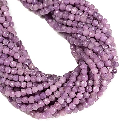 Miniatura 2 de JM Design Cuentas de cubo facetadas de lepidolita ligera natural, tamaño 0.157 in, 15,5 '' hebra para la fabricación de joyas