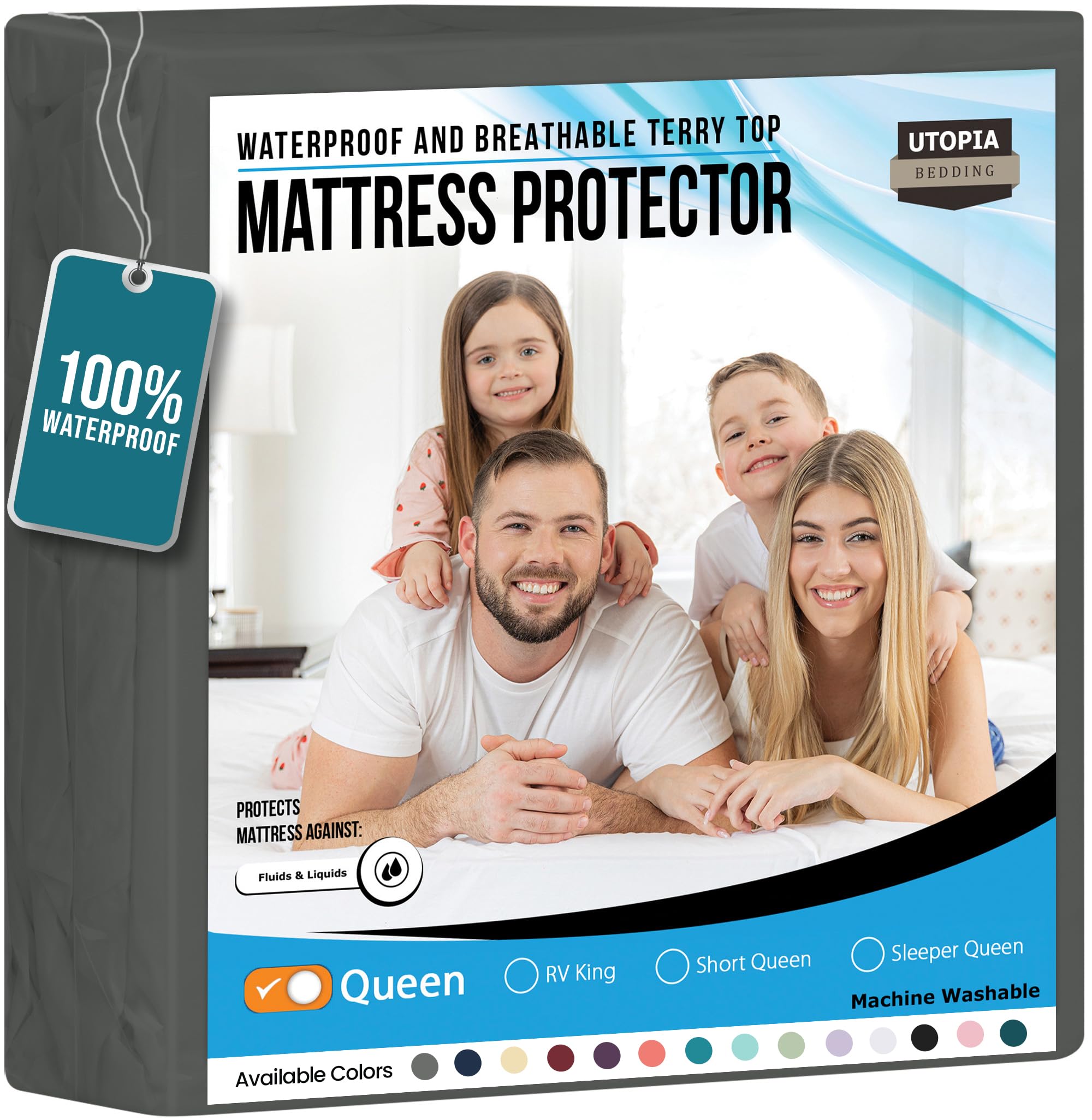 Utopia Bedding Waterproof Mattress Protector Queen Size, Premium Terry Mattress Cover 200 GSM, Breathable, Fitted Style with Stretchable Pockets (Gray)