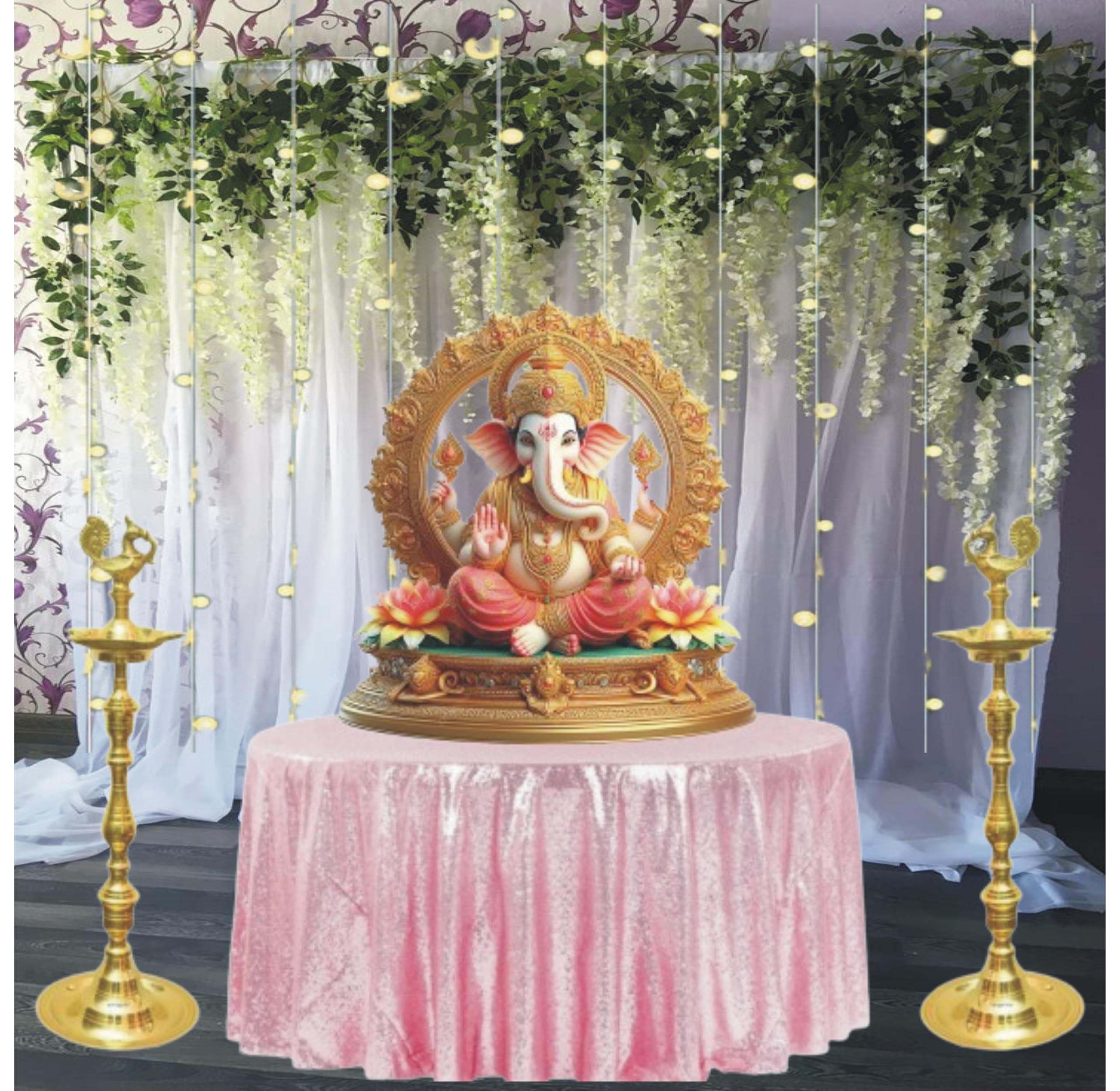 Lazybeee 19pcs Decorative White Net Curtain Backdrop with White Wisteria Flower for Event Decorations Wedding, Festival Ganesh Backdrop for Pooja Decoration Ganpati Janmashtami Varalakshmi Diwali