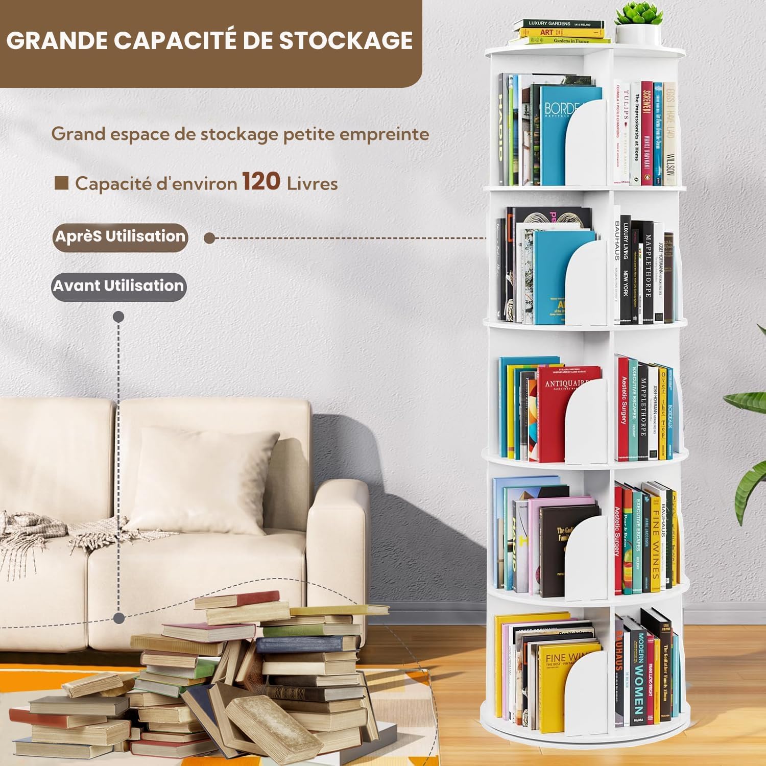 uyoyous Bibliothèque Rotative 360° à 5 Niveaux, Étagère Ronde Gain de Place en Bois d'Hévéa, avec Pare-Chocs Anti-Chute, pour Salon, Chambre, Bureau, Chambre d'enfant, Style Moderne