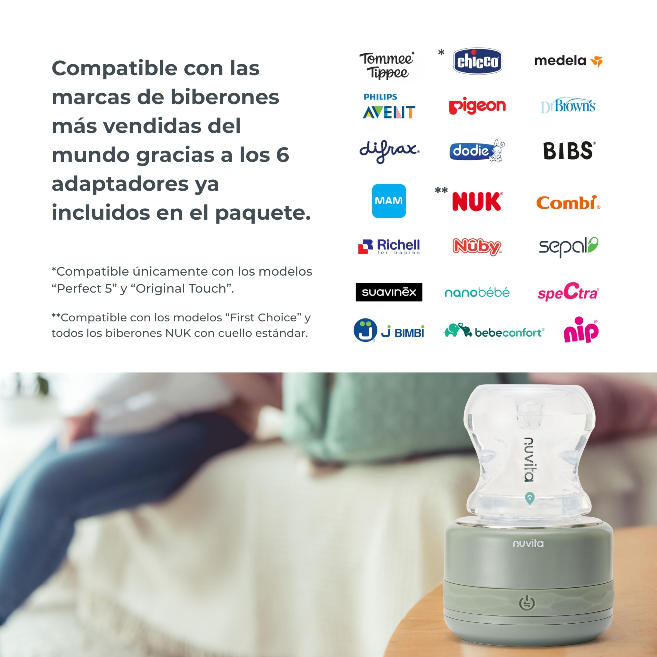 Nuvita 1166 Warm70 Calientabiberones Portátil Inalámbrico 70°C – Recargable por USB, Compatible Universal con 6 Adaptadores, 5 Niveles de Temperatura hasta 70°C, Calentamiento Rápido en 2,5 Min