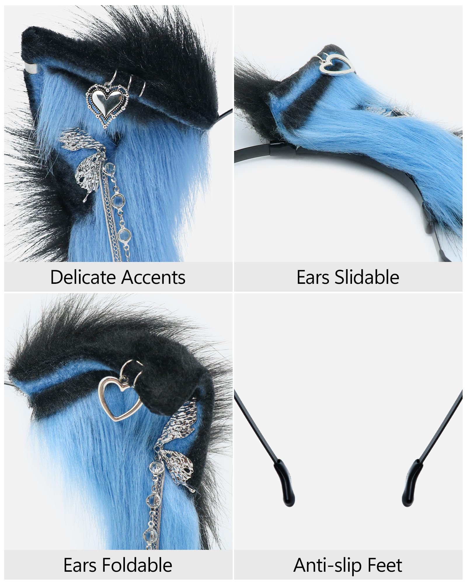 ZFKJERS Handmade Faux Fur Cat Ear Headband with Charms Cosplay Accessory for Halloween (Blue Black) - Image 2