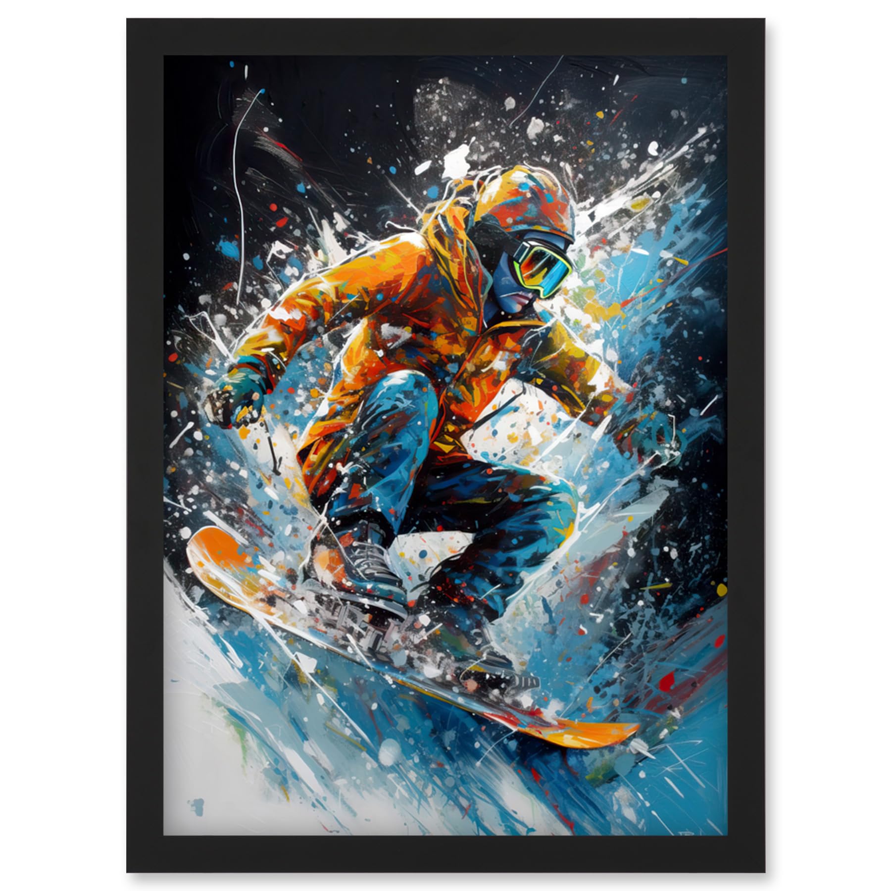 Artery8 Snowboarder Landing Snowboard Jump Splatter Paint Artwork Framed Wall Art Print A4