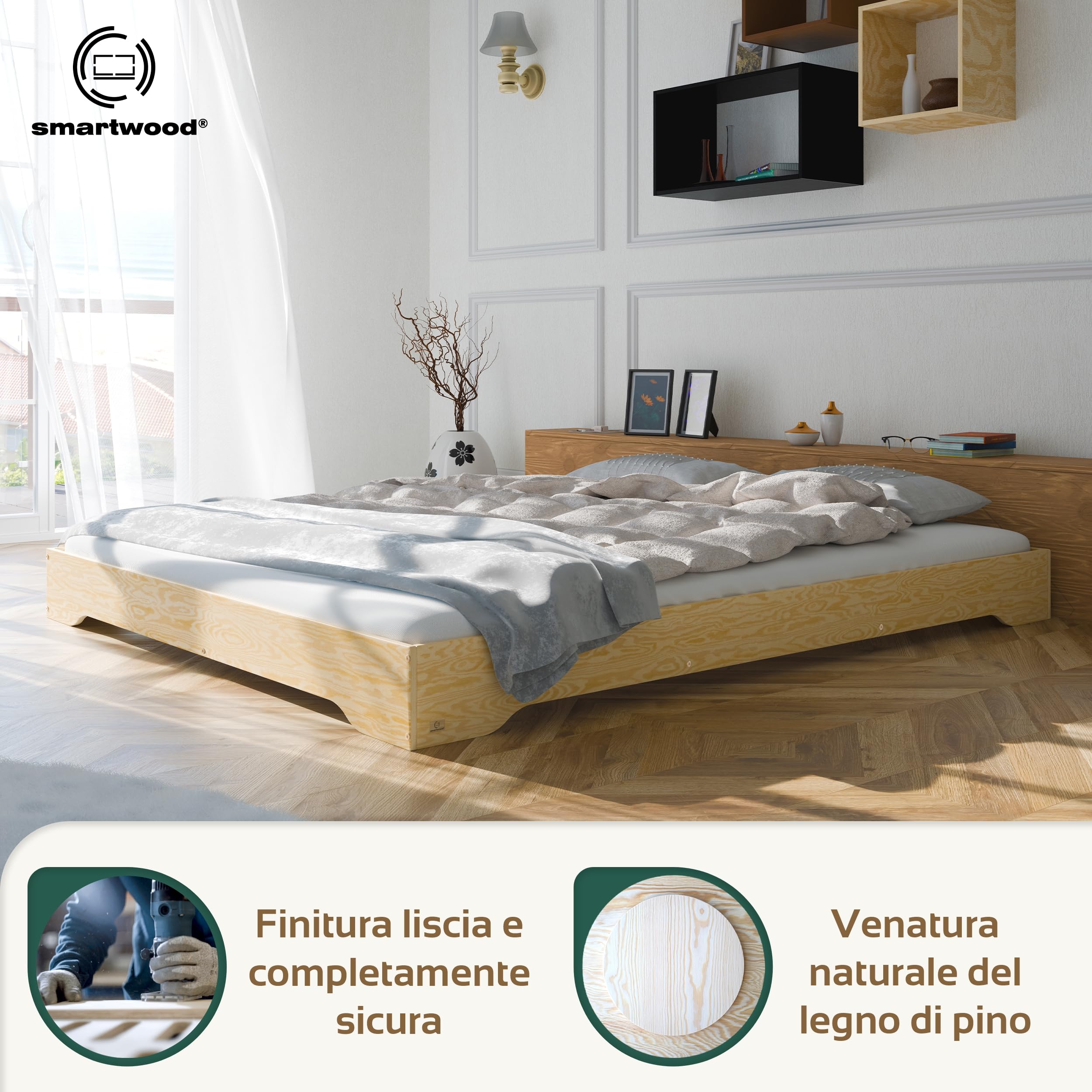 smartwood Struttura Letto Matrimoniale 160x200 cm con Rete e Materasso - Letto in legno di pino FSC portata fino a 300 kg - Giroletto Matrimoniale durevole per adulti TILA 7