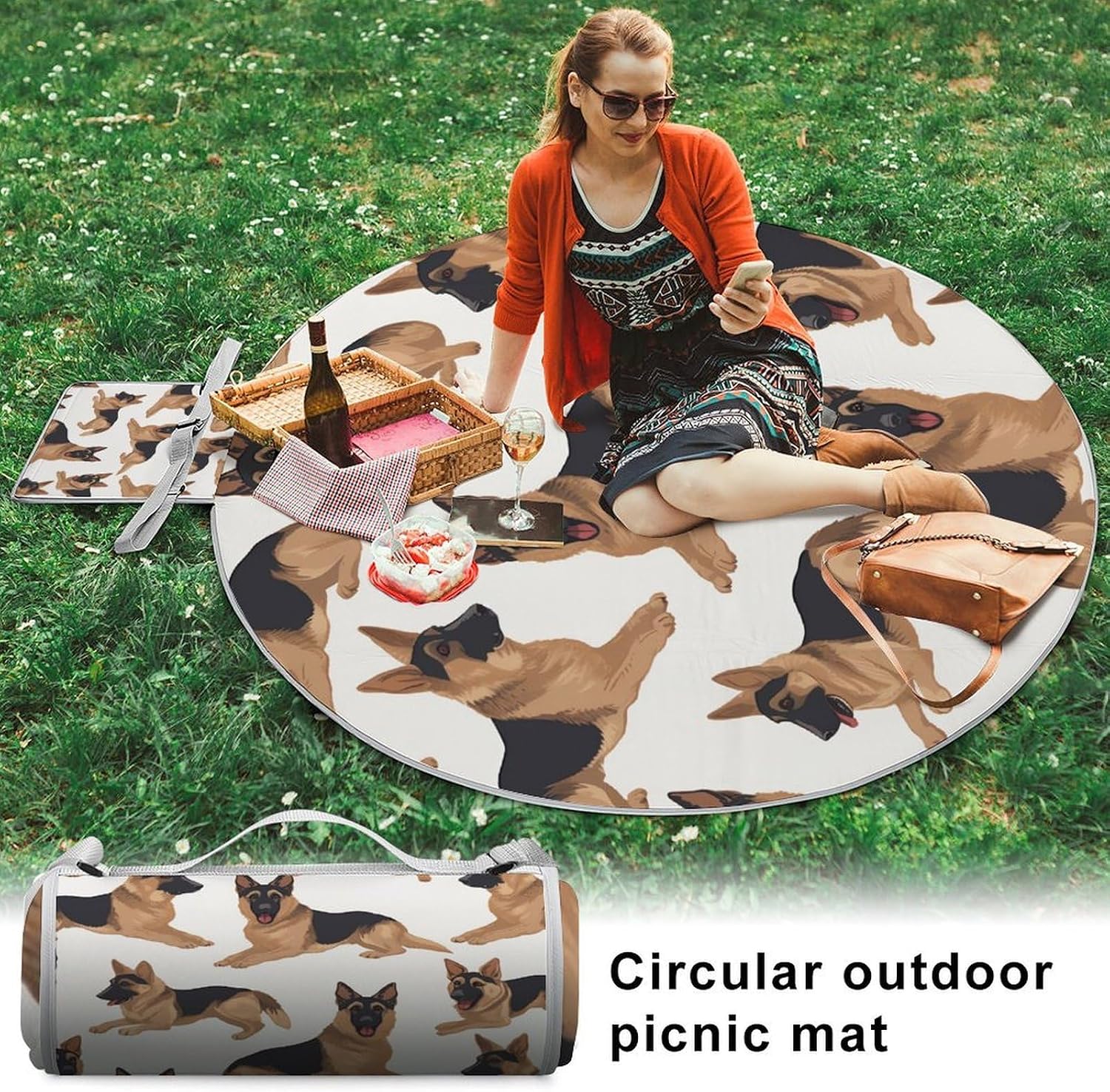 German Shepherd Round Outdoor Picnic Mat Foldable Waterproof Beach Camping Blanket Outdoor Rug with Sponge Padding