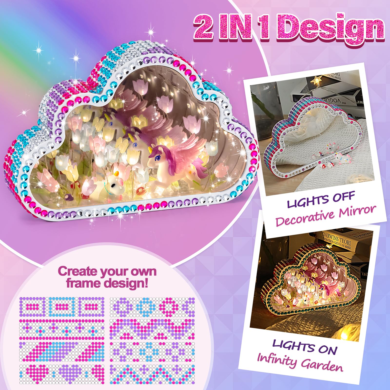 Highttoy Kit Manualidades Niñas, Crear Lámpara Espejo Tulipán Infinita Unicornio 2 en 1, Kit Creativo DIY Luz Nocturna Espejo Nube, Manualidades Niñas 7 8 9 10 Años, Regalo Niña 7-12 Años
