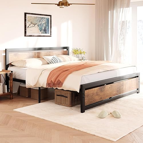 Amyove Base de cama de tamaño matrimonial con cabecera de madera, plataforma de cama de metal matrimonial de 14 pulgadas, no necesita somier, con