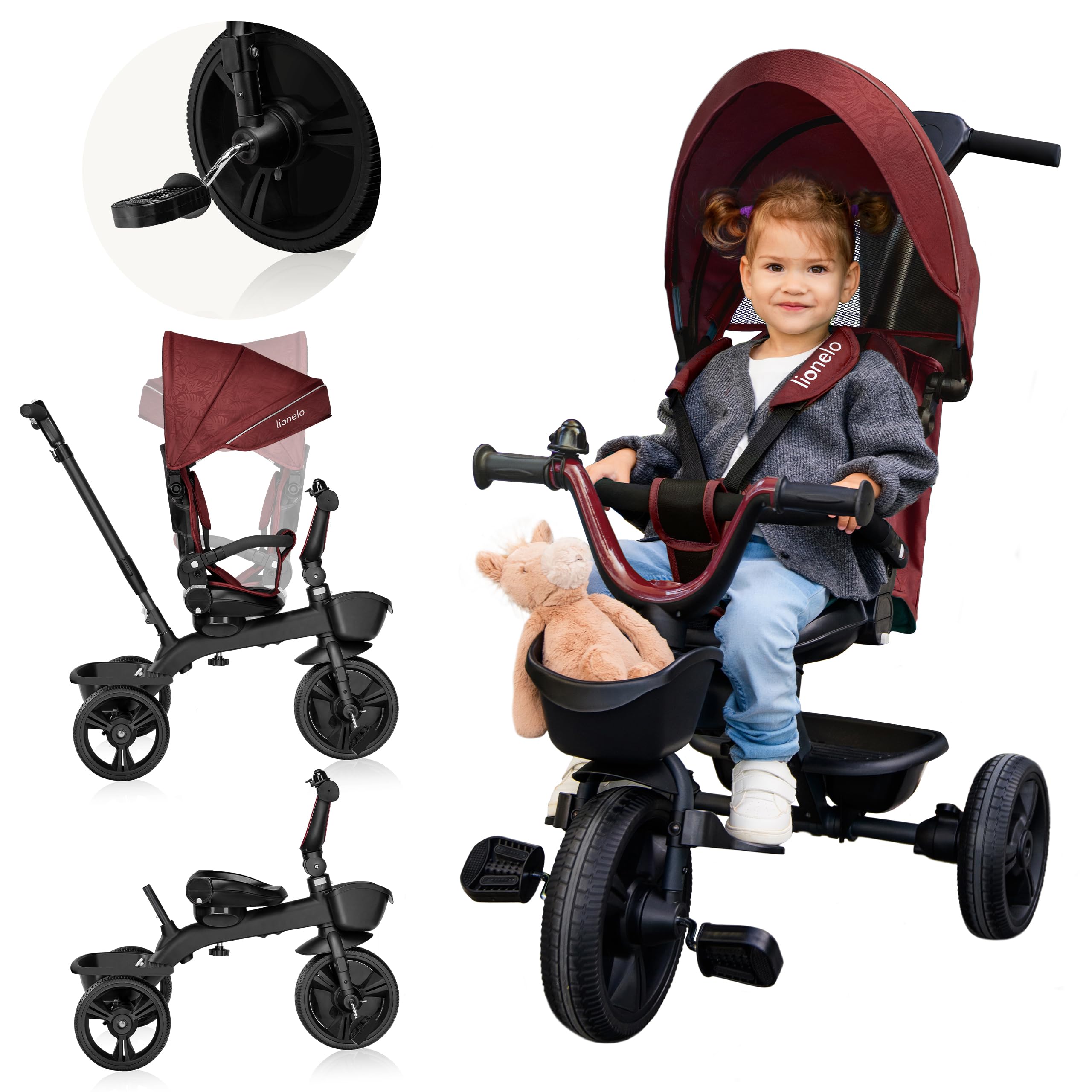 LIONELO Kori Triciclo Evolutivo per Bambini da 1.5 Anni fino a 25 kg Sedile Girevole 360° Telaio ultraleggero in lega di magnesio, Pneumatici resistenti, Maniglione per genitori e Accessori