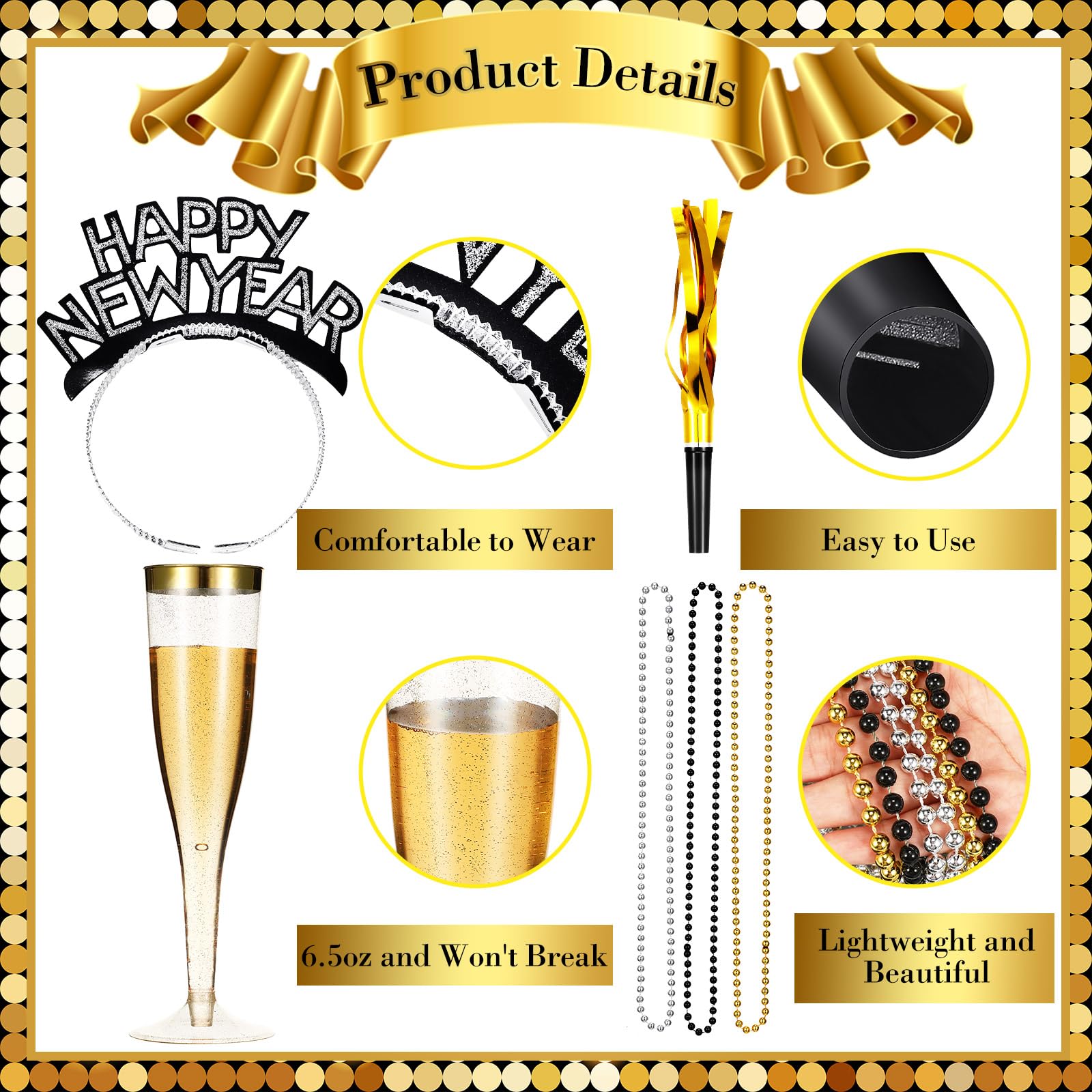 Silipull 36 Set Silvester Party Supplies 2024 Enthält Happy New Year Stirnband Fransen Noise Makers Einweg Champagnerflöten Halsketten Ballon Banner Regen Vorhang Quaste Girlande für Kinder Erwachsene