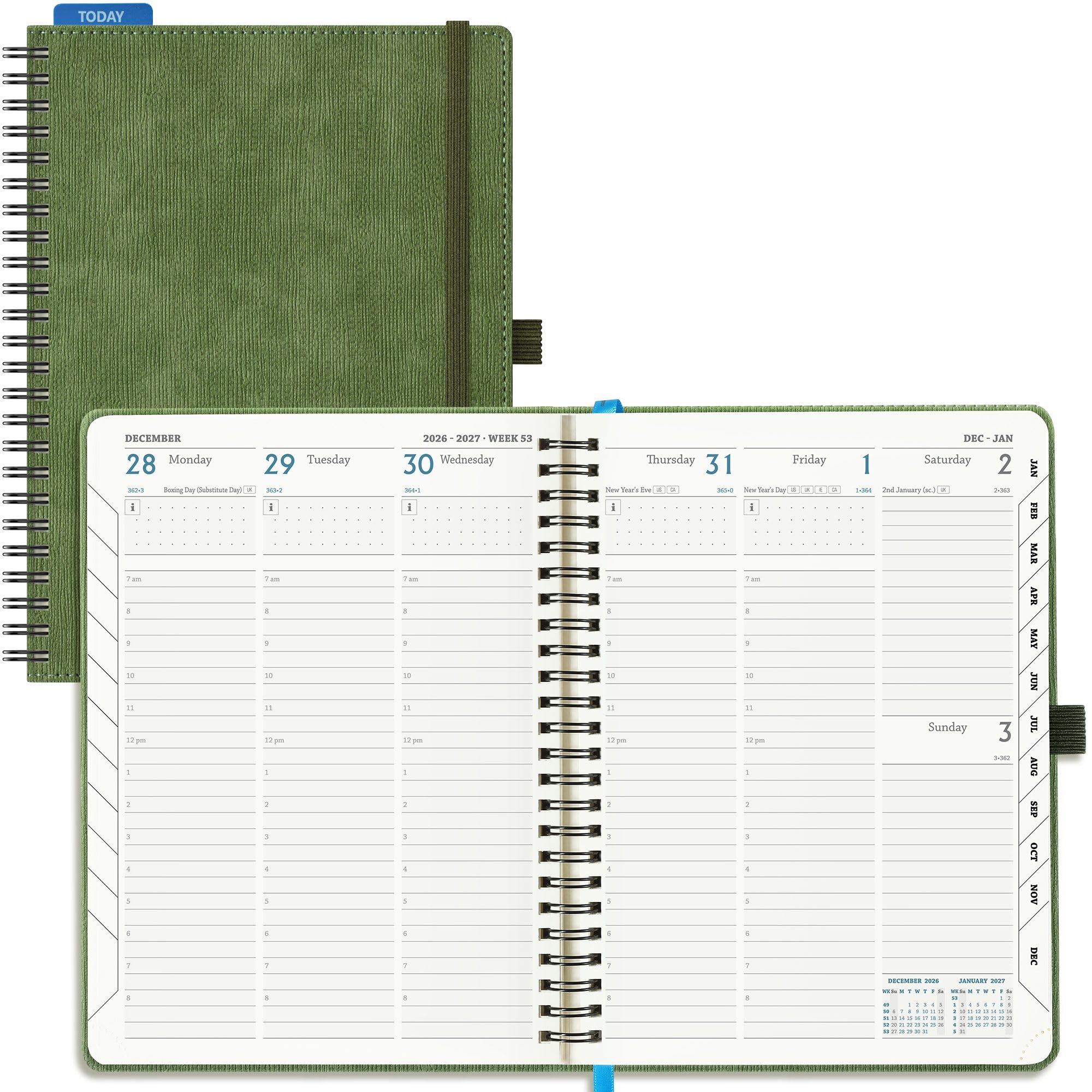 IN-LUXPRO Academic Diary 2026-2027 Week to View A5 Medium (21.9x16.2cm)Spiral 18 Months(Jul'26 -Dec'27)Mid Year Diary 26/27 Vertical Weekly Planner with Timeslots& Month Tabs, PU Leather Olive Green — image 1