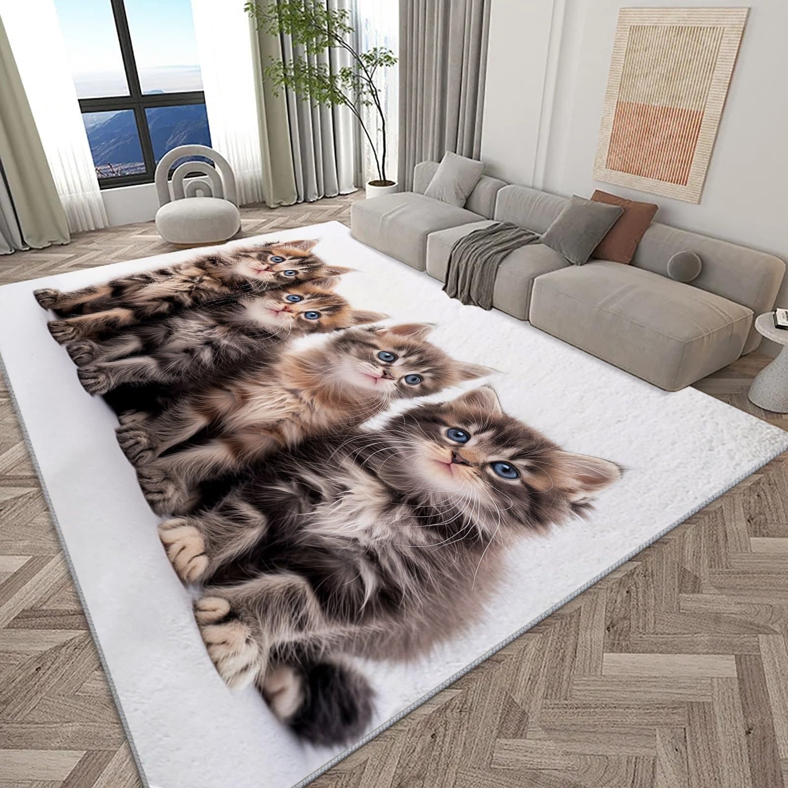 Generisch Waschbarer Teppich Tier Graubraune Katze 80x150cm Wohnzimmer Schlafzimmer Teppich, Flauschig Weich Kurzflor Teppich, Moderne 3D Druck Teppich, Anti-Rutsch Teppich Matte