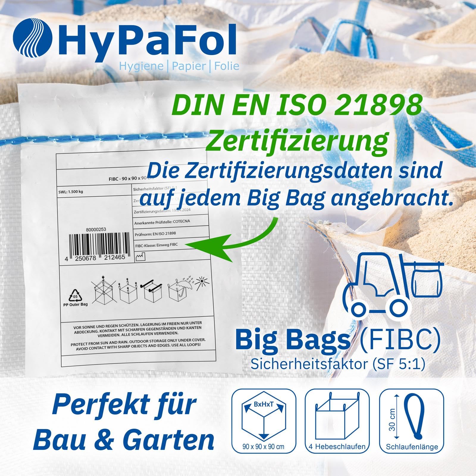 HypafolPP Big Bag 5er Pack I 90x90x90 cm Schwerlastsäcke mit 1000 kg Traglast I Big Pack Gartenabfallsack stabil mit 4 Schlaufen für sichere Transporte I Holz, Bauschutt, Gartenabfall