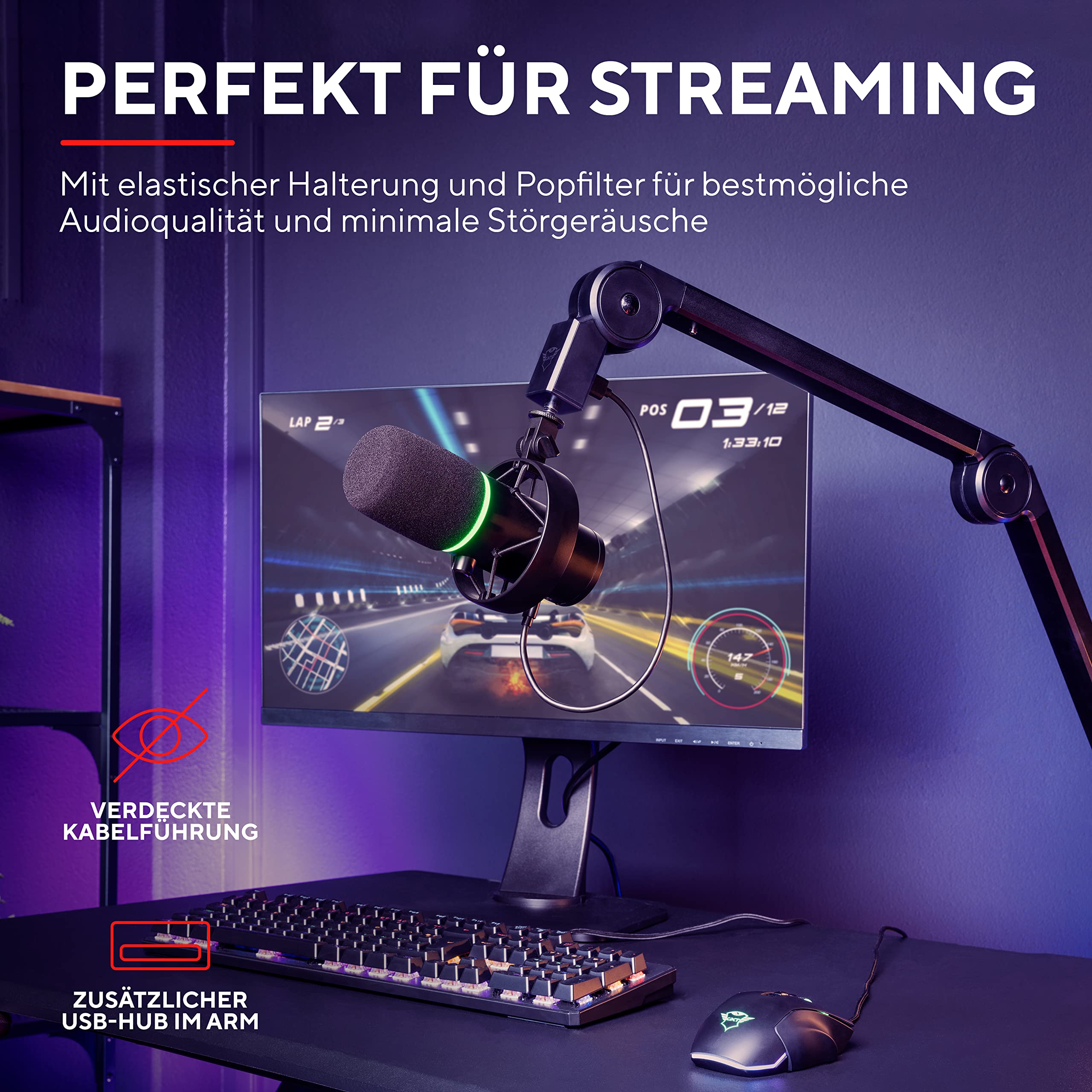 Trust Gaming GXT 255Plus Onyx Professionelles Mikrofon mit Arm, Nierencharakteristik, Popfilter, USB, LED, Schwarz