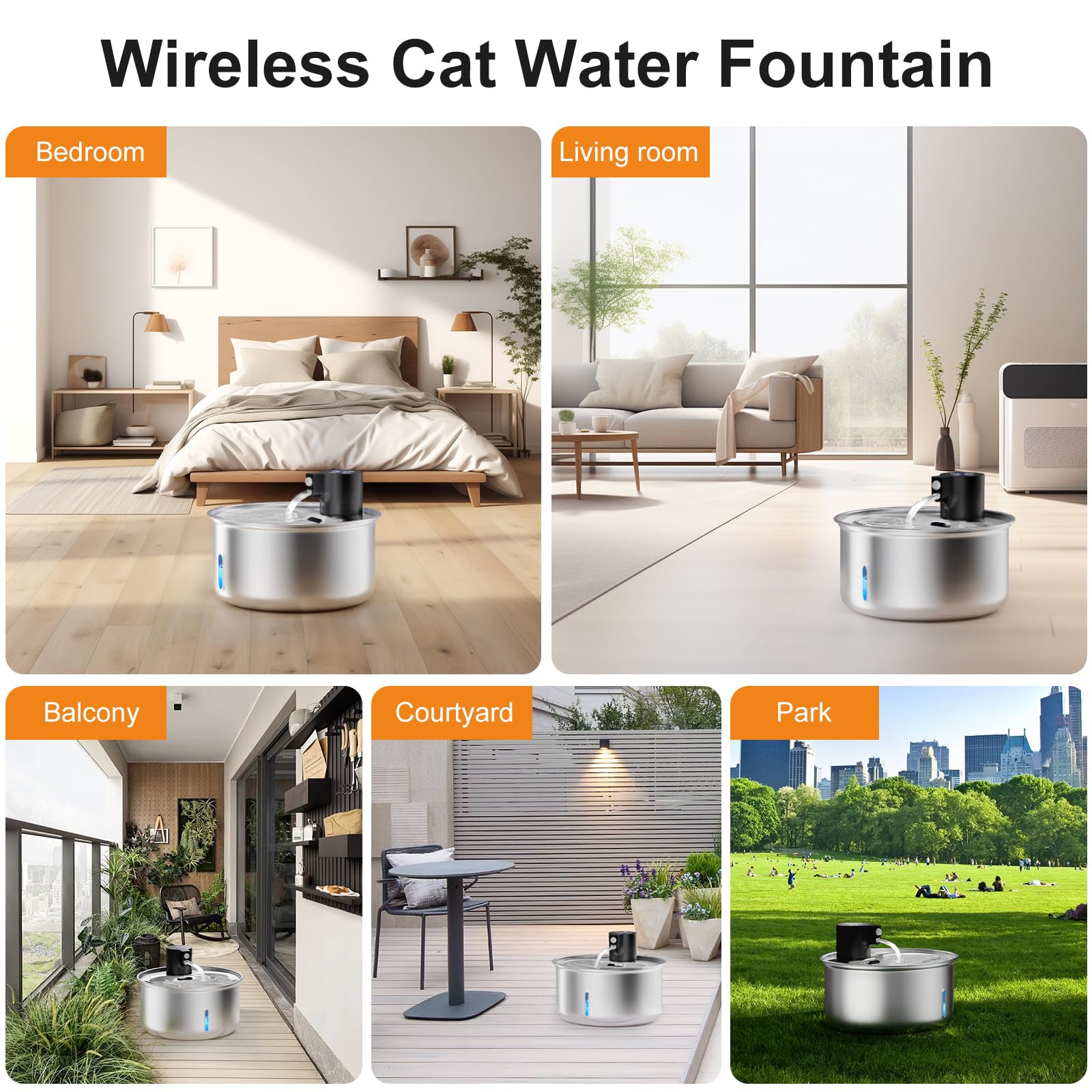 Cordless Cat Water Fountain, 5.5L/186oz Battery Operated Pet Water Fountain Stainless Steel with Ultra Quiet Pump, Motion Sensor, Cordless Pet Water Fountain Outdoor&Indoor Cat Water Drinking - image 2