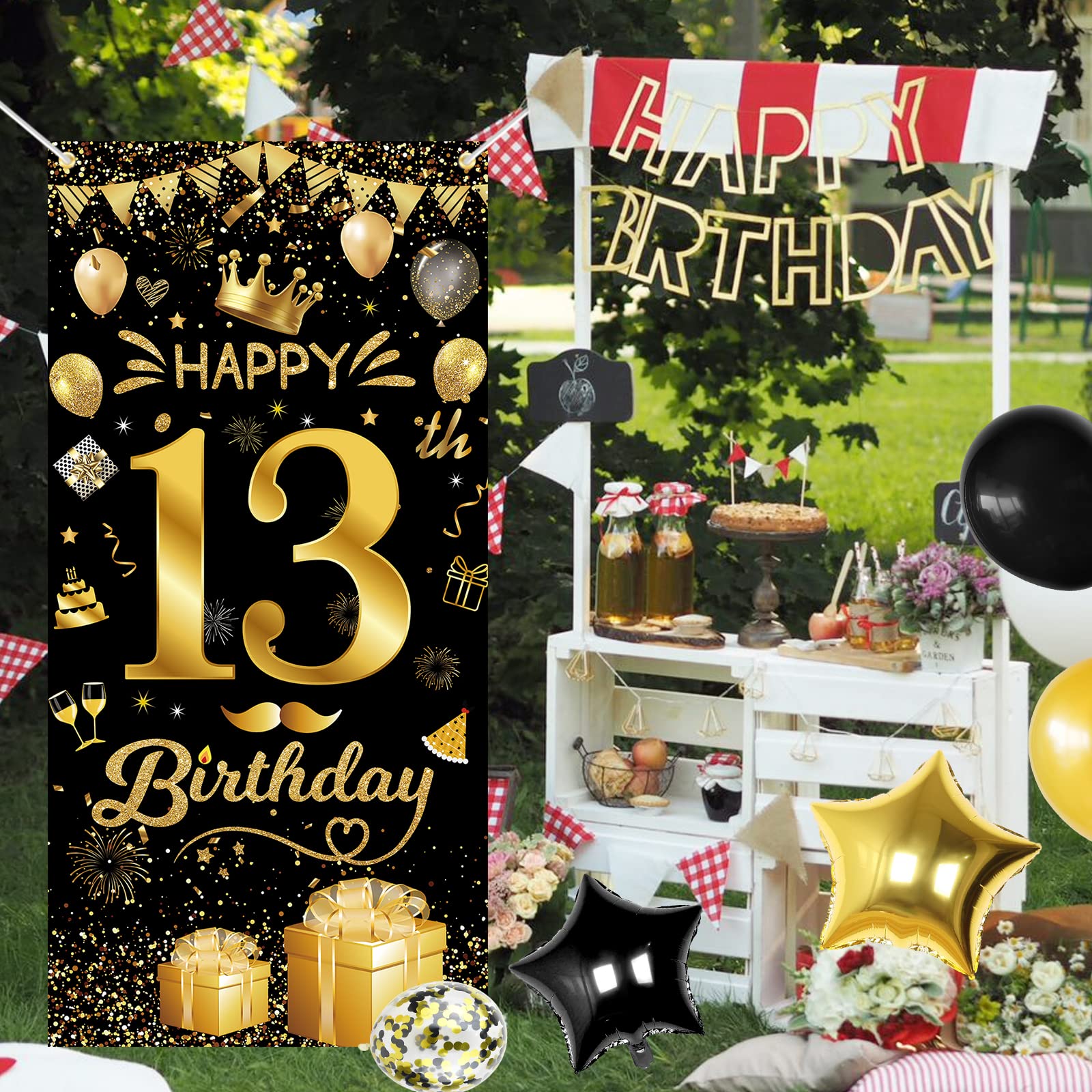 13e verjaardag achtergrond banner, 13e verjaardag decoraties voor meisjes jongens, zwart en goud gelukkig 13e verjaardag foto achtergrond bord stand rekwisieten, 72,8 x 43,3 inch