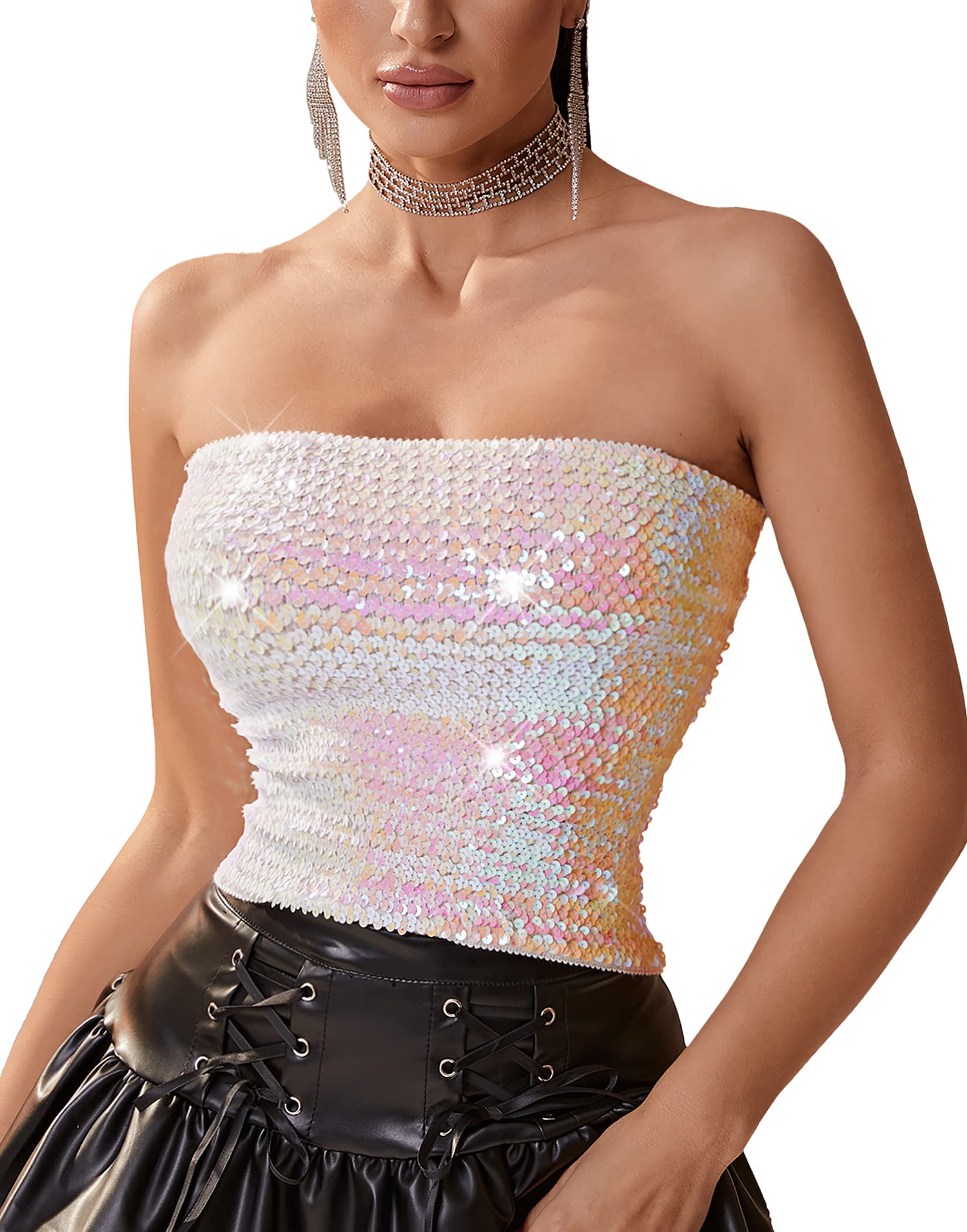 Womens Sparkling Sequins Stretch Party Clubwear Tube Top, White, One Size-image-0