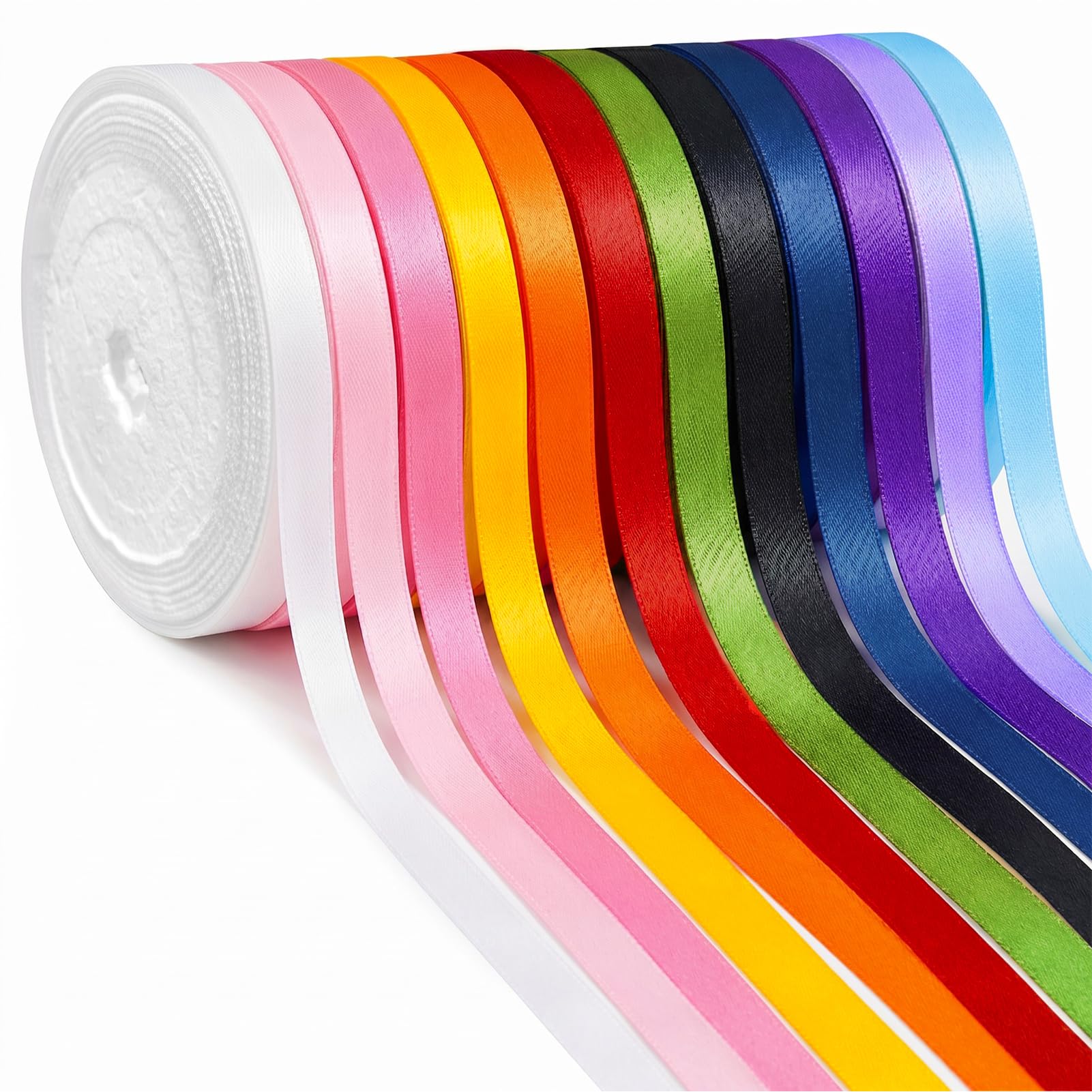 Hanqing 12 Colorful Satin Ribbon Set, 10mm x 22 Meters Each Double Faced Ribbon, Fabric Ribbon for Gift Wrapping, Crafting, Hair Bows, Wedding Decorations