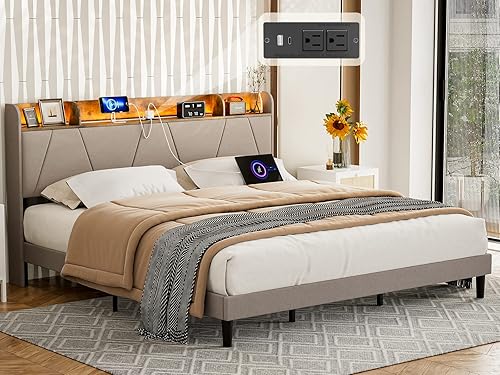 IKIFLY Base de cama King con estación de carga y cabecera de estante de almacenamiento, 2 salidas y 2 puertos USB (1 tipo C), marco de cama LED