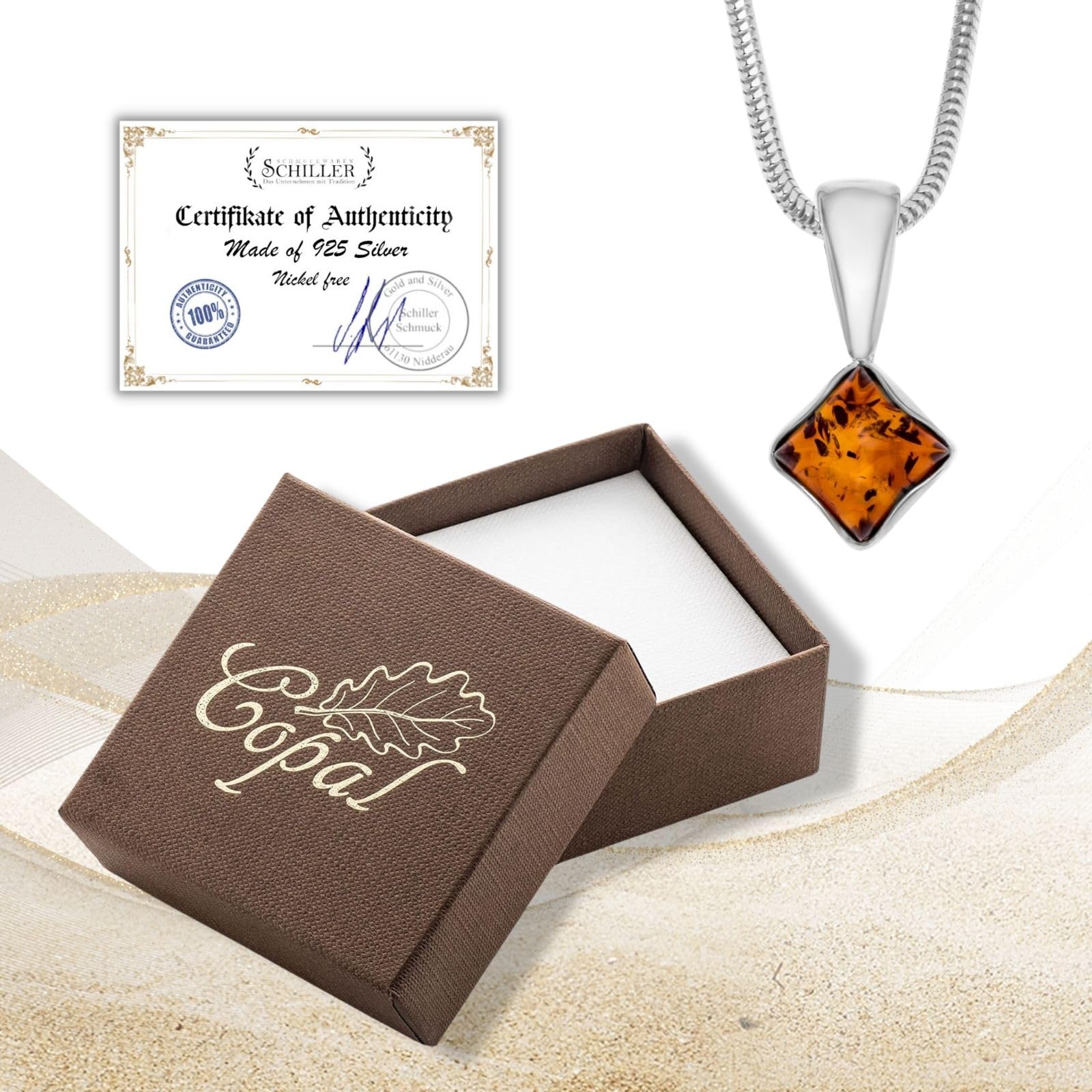 Collar Para Mujer Con Colgante Cuadrado De Ámbar Y Cadena De Plata De Ley