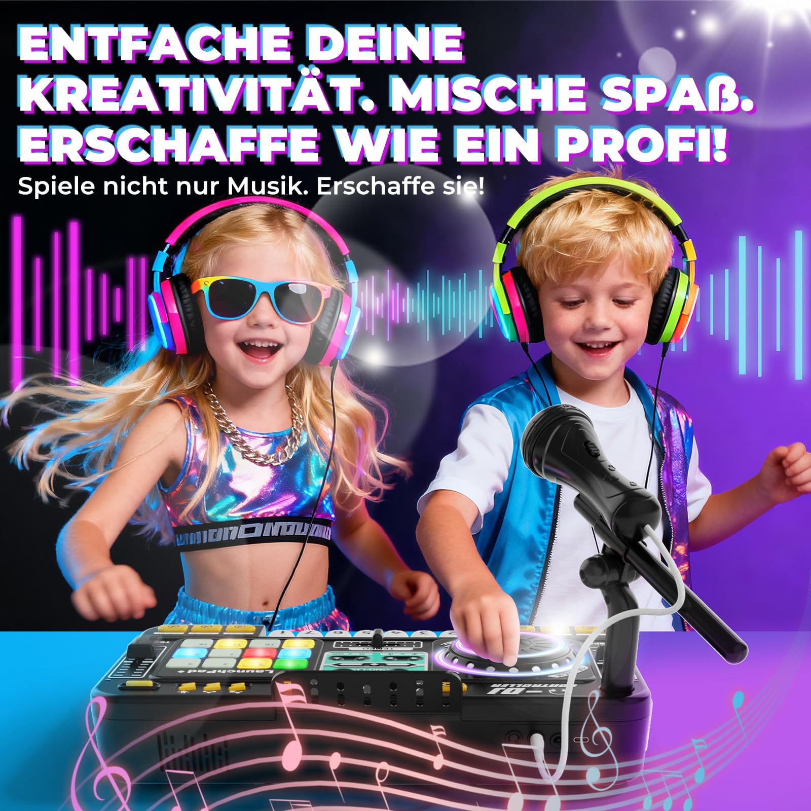 DJ Mischpult DJ Pult für Kinder 3-10 Jahre DJ Controller DJ Mixer Musikinstrumente mit Mikrofon 100+ Soundeffekten Licht Akku, Geschenk Spielzeug für DJ-Anfänger Jungen Mädchen 3 5 6 7 8 9 10 Jahre