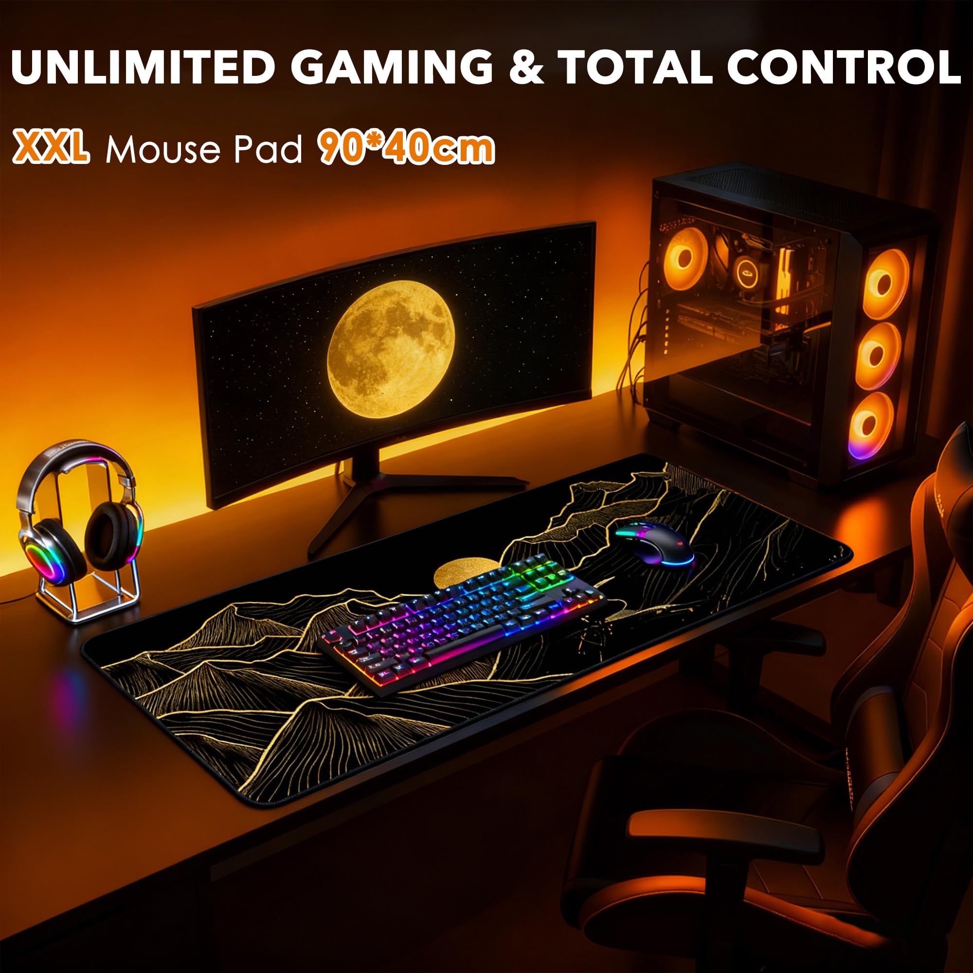 Alfombrilla de Ratón XXL 90x40cm con Diseño Montañas Doradas al Amanecer Base de Goma Antideslizante Bordes Cosidos Mejora la Precisión y Velocidad Ideal para Gaming Oficina y Estudio