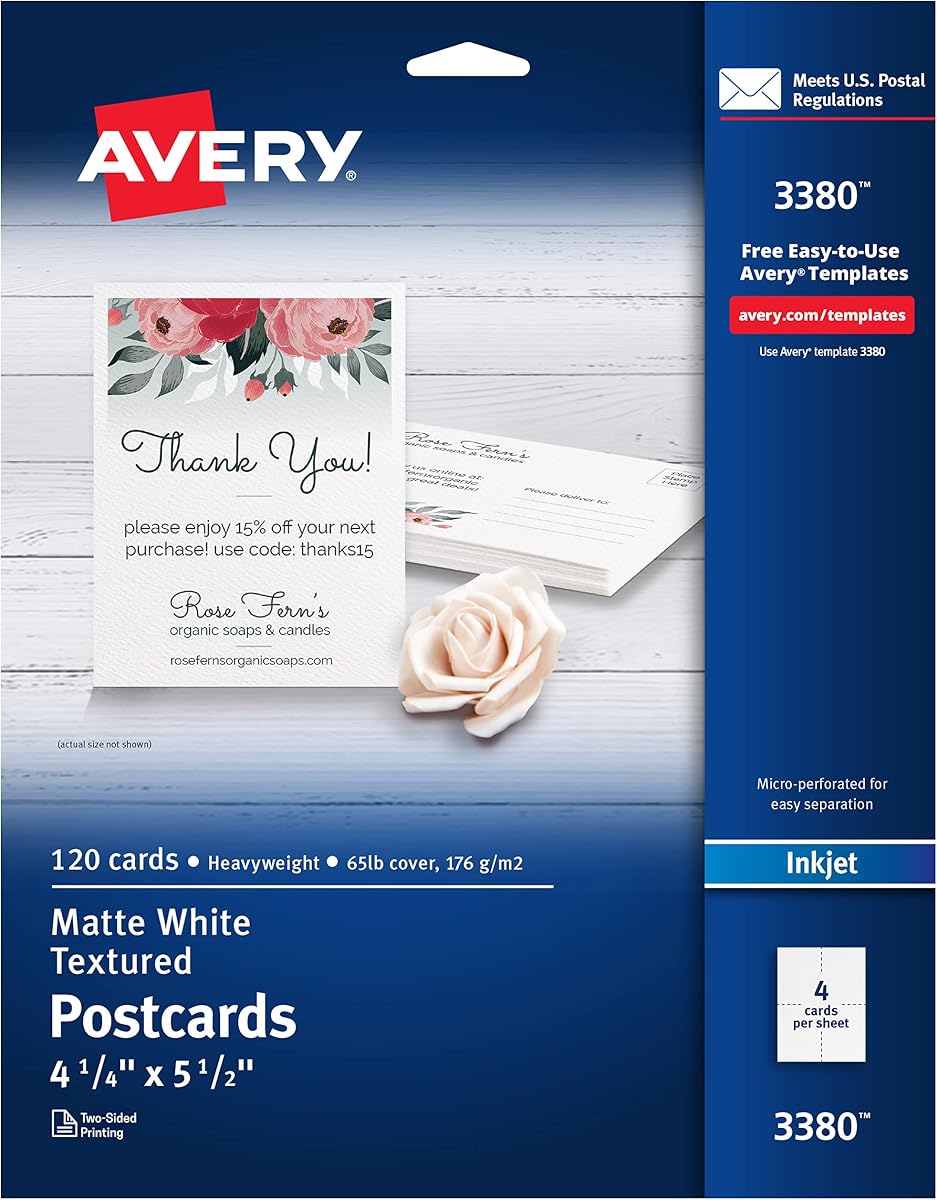 Avery Printable Postcards, 4.25" x 5.5", Matte White, Laser & Inkjet Compatible, 120 Blank Cards Total, Great for Product Branding, Marketing, and More (3380)
