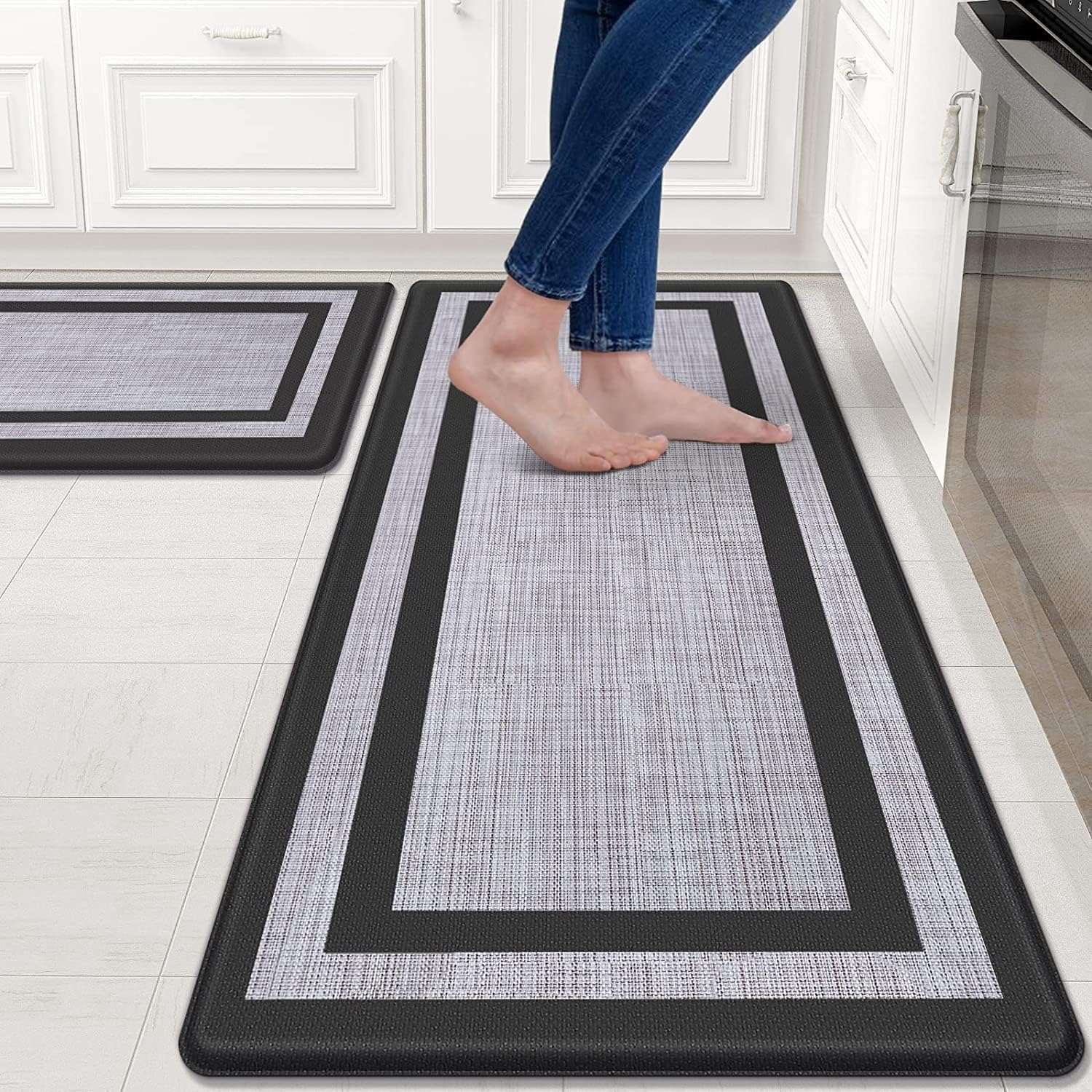 Kitchen Mat,2Pcs Soft and Cushioned Anti-Fatigue Kitchen Rugs Mat, Non-Skid Waterproof Kitchen Floor Mat, Comfort Standing Mat for Kitchen, Floor, Sink, Laundry (Black)