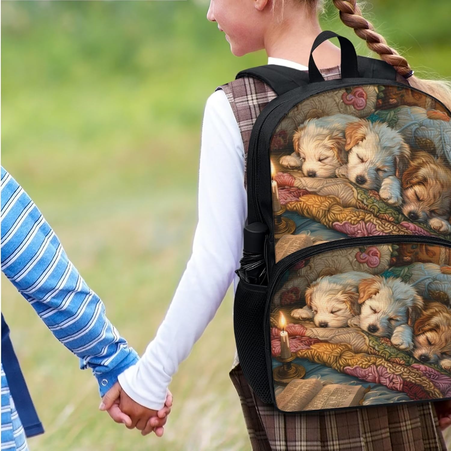 Girls Cute School Bag Sleeping Dog Backpack with Lunch Bag for Kids Personalized Print Student Bookbag Portable Lunch Box Boys Comfy Padded Backpack Set