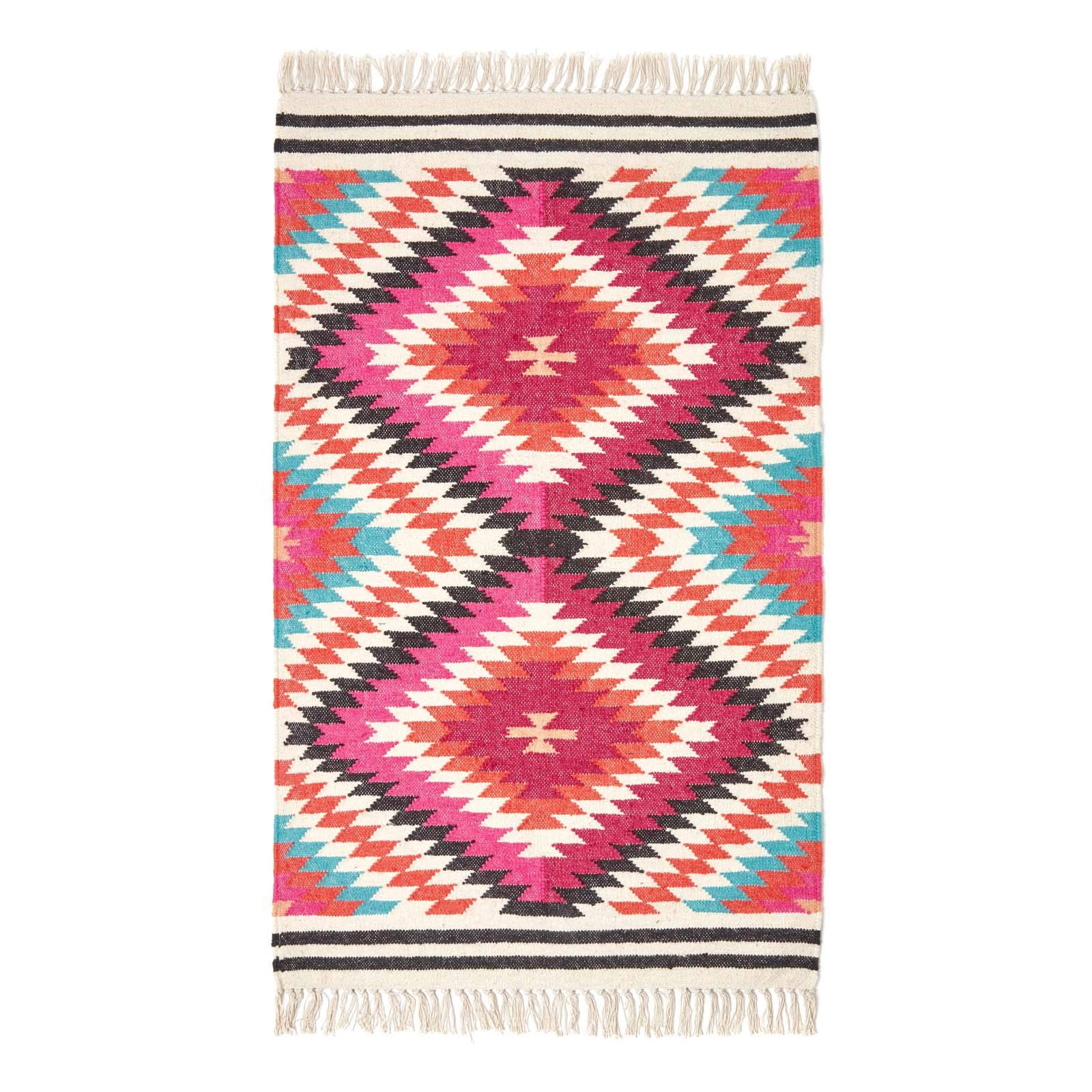 HOMESCAPES - Tapis Kilim en Laine à Motif géométrique Multicolore, Fabrication Artisanale - Manila - 90 x 150 cm
