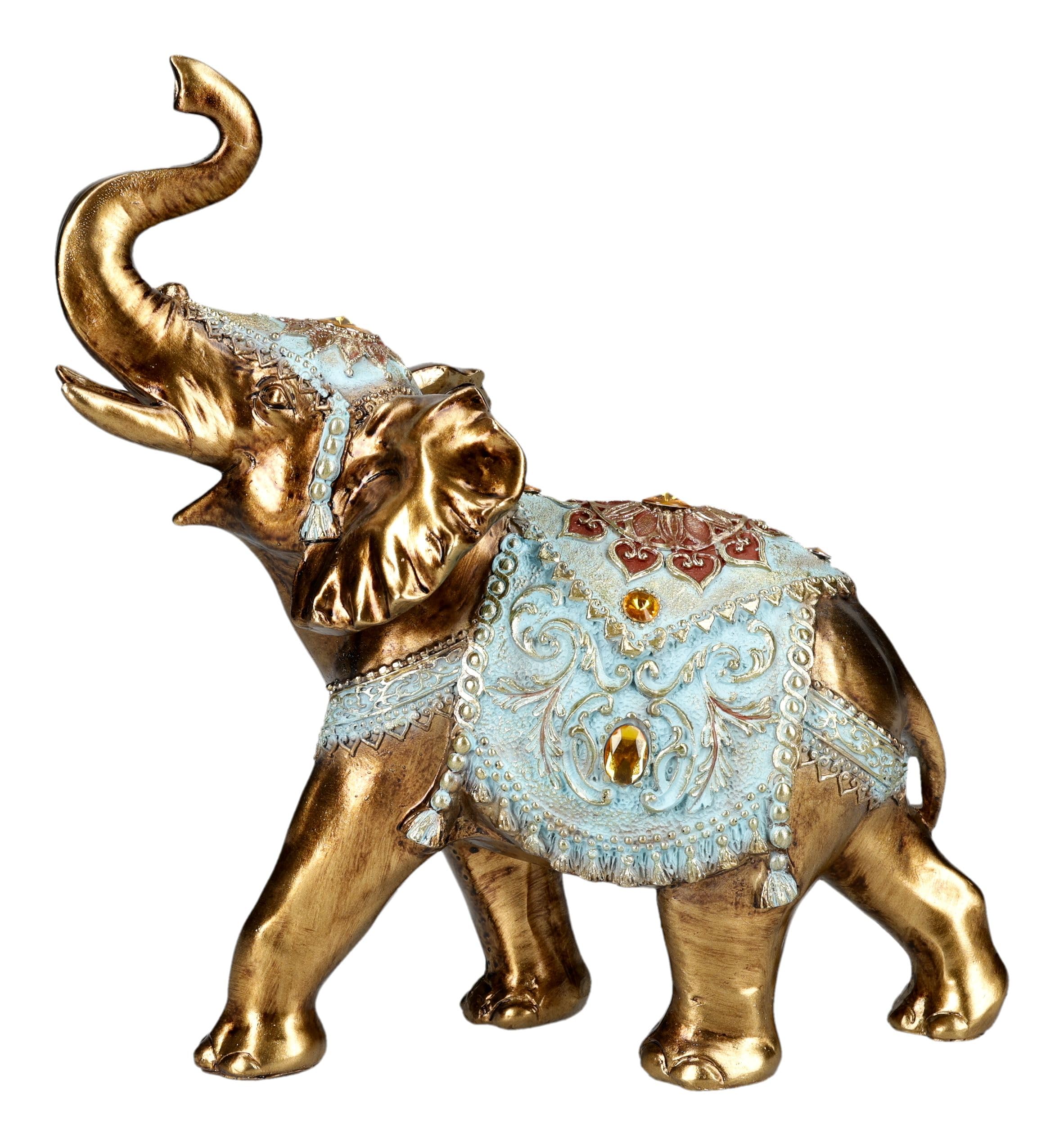 Figuren Shop GmbH Elefante de la suerte, figura de elefante con manta turquesa, pintado a mano (23 cm), símbolo de buena suerte, salud y prosperidad, idea de regalo