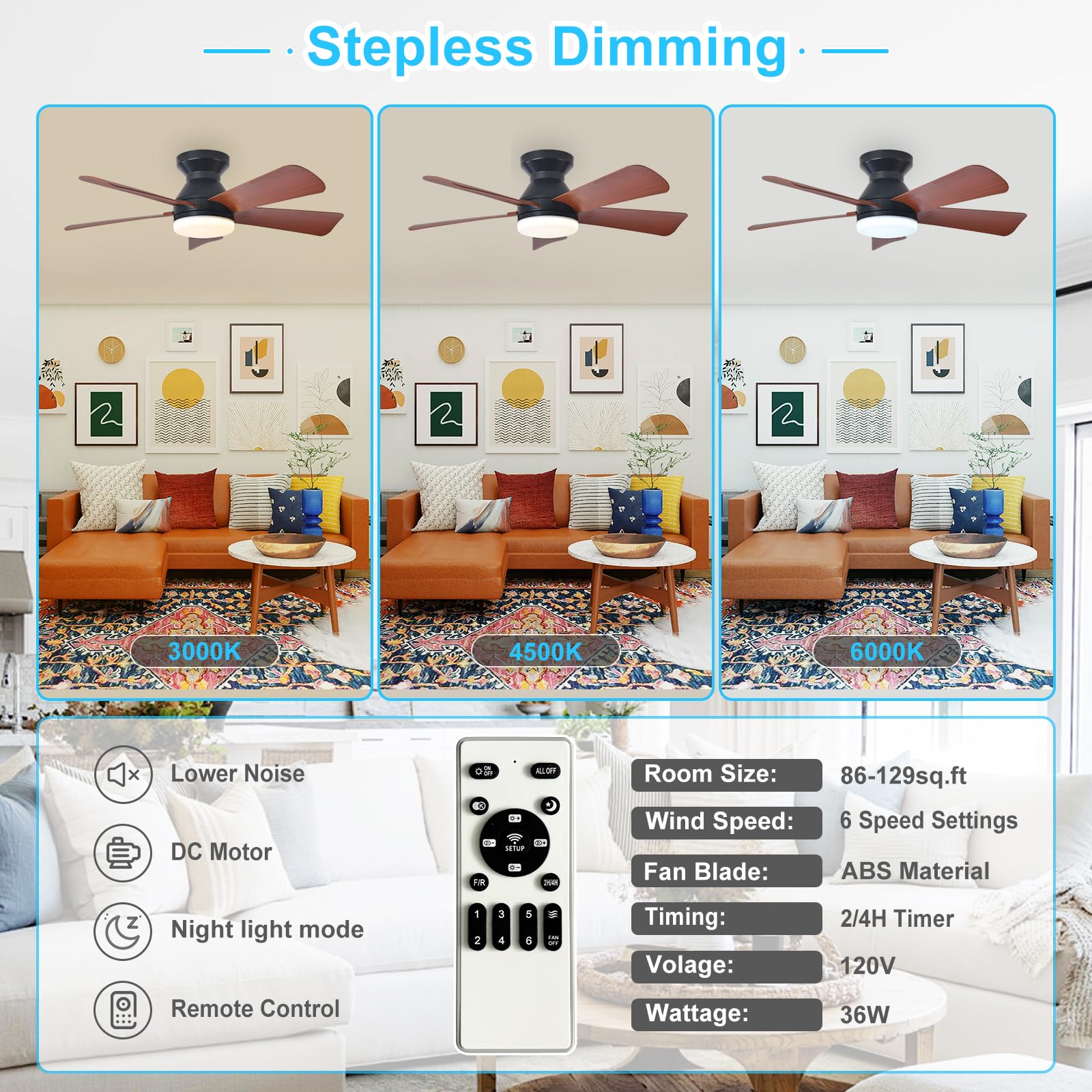 Depuley Ventilador de techo moderno con luz: Ventiladores pequeños negros de 35 pulgadas para dormitorio - Ventiladores de techo empotrable regulables con mando a distancia 5 aspas de nogal invertido