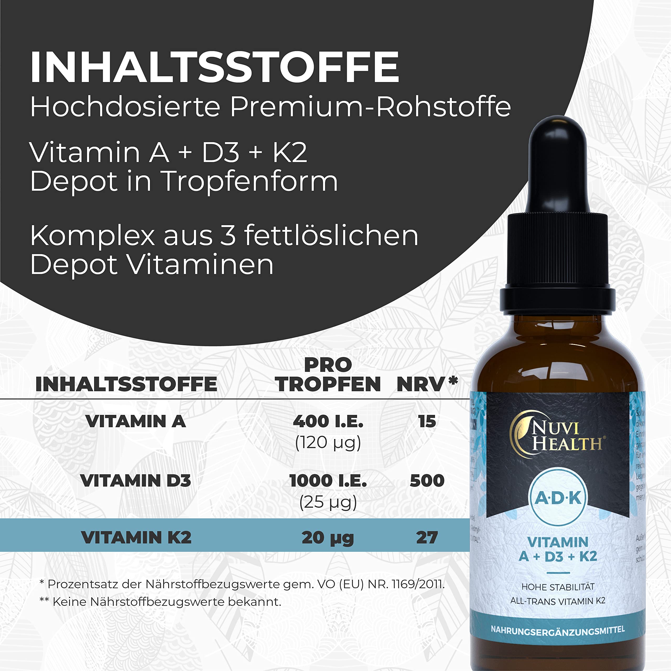 Vitamin A + D3 + K2 Tropfen - 50 ml Flasche - Premium: 99,7+% All-Trans (K2VITAL® von Kappa) + hoch bioverfügbares Vitamin D3 + A (Retinol) - Flüssig - Laborgeprüfte Qualität