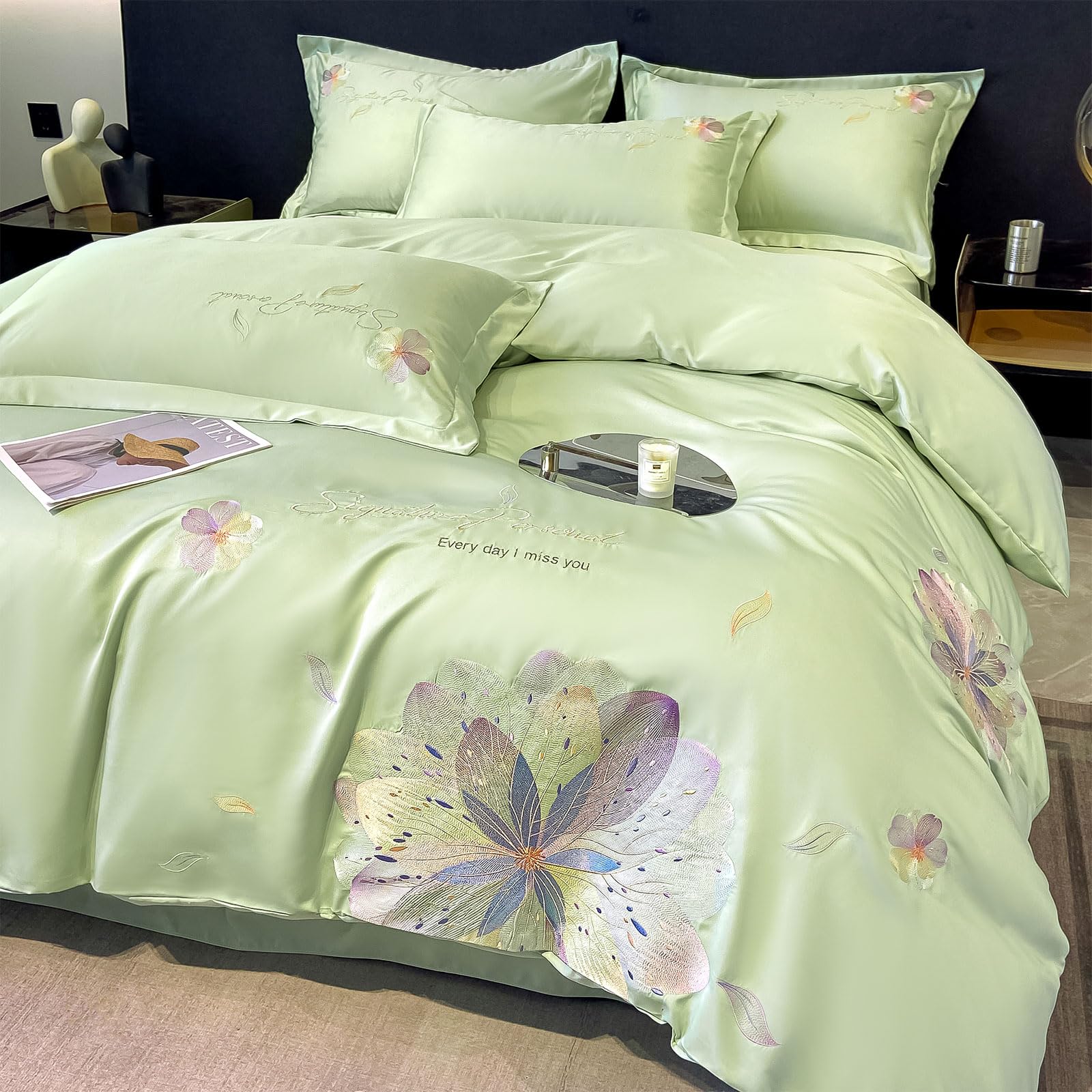 XrareBedding Set 4Pcs, Soft Microfiber Duvet Cover Set, Queen Size Quilt Cover(200x230cm), Flower Embroidery Pattern Bed Linen Set, Green
