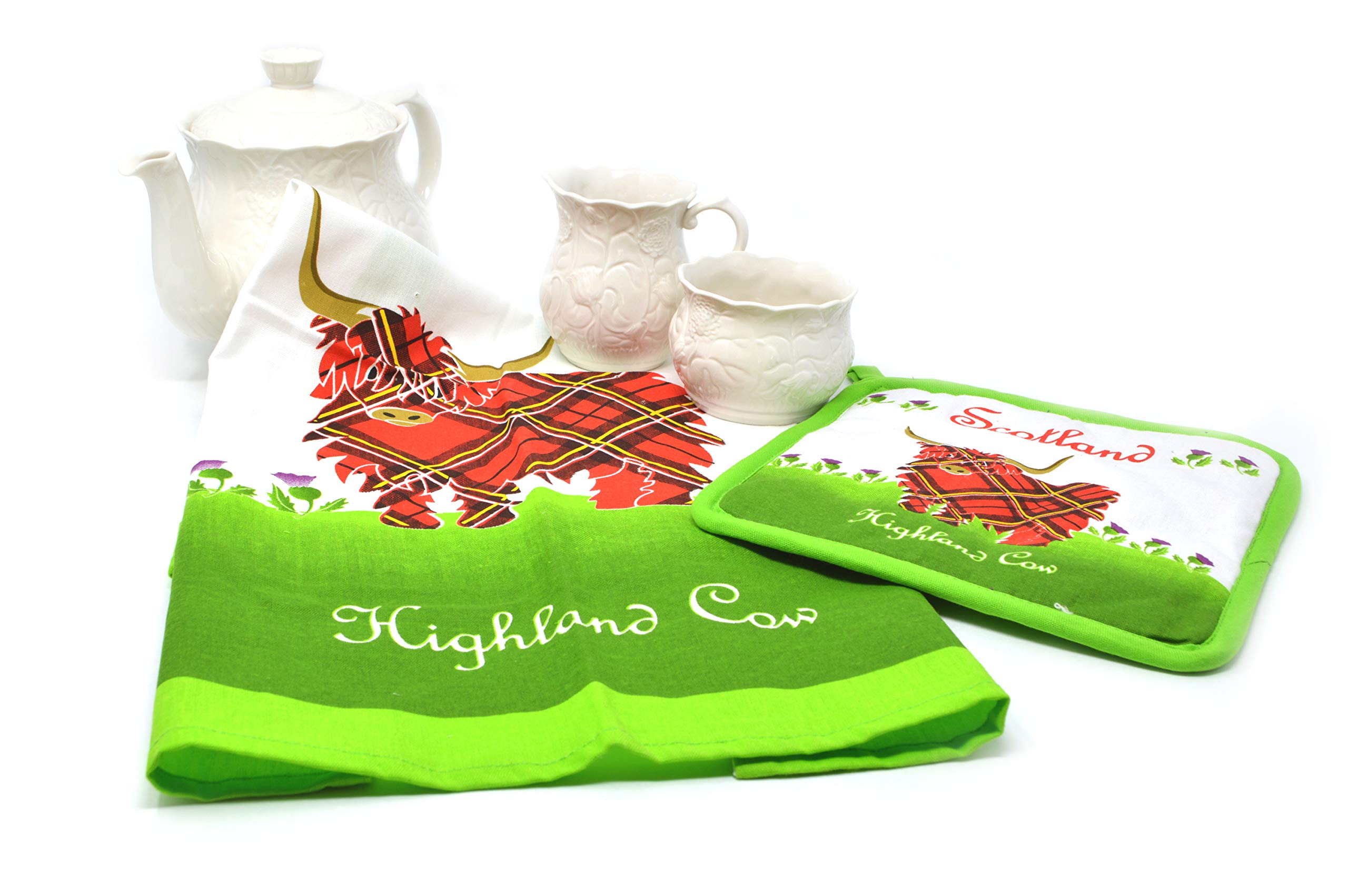 Royal Tara Scottish Cotton Tea Towel and Pot Holder with Highland Cow, Green, Red - Image 3