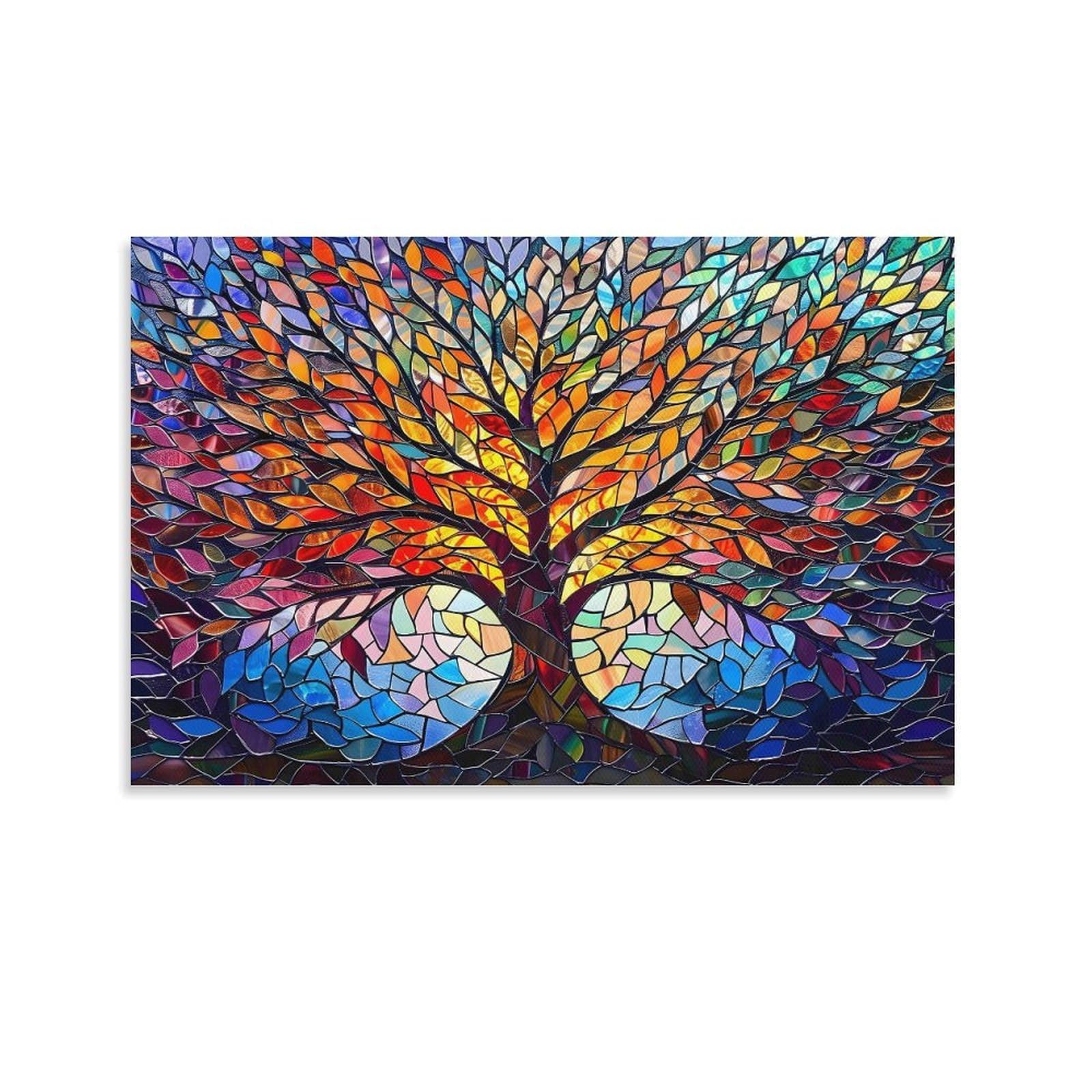 CPLVKWRQJ Stained Glass Tree Individual Vibrant Multicolored Tree Stained Glass Piece Canvas Wall Art - Office Canvas Print Fade Resistant Wall Focal Art Ready to Hang 16x24inch(40x60cm)