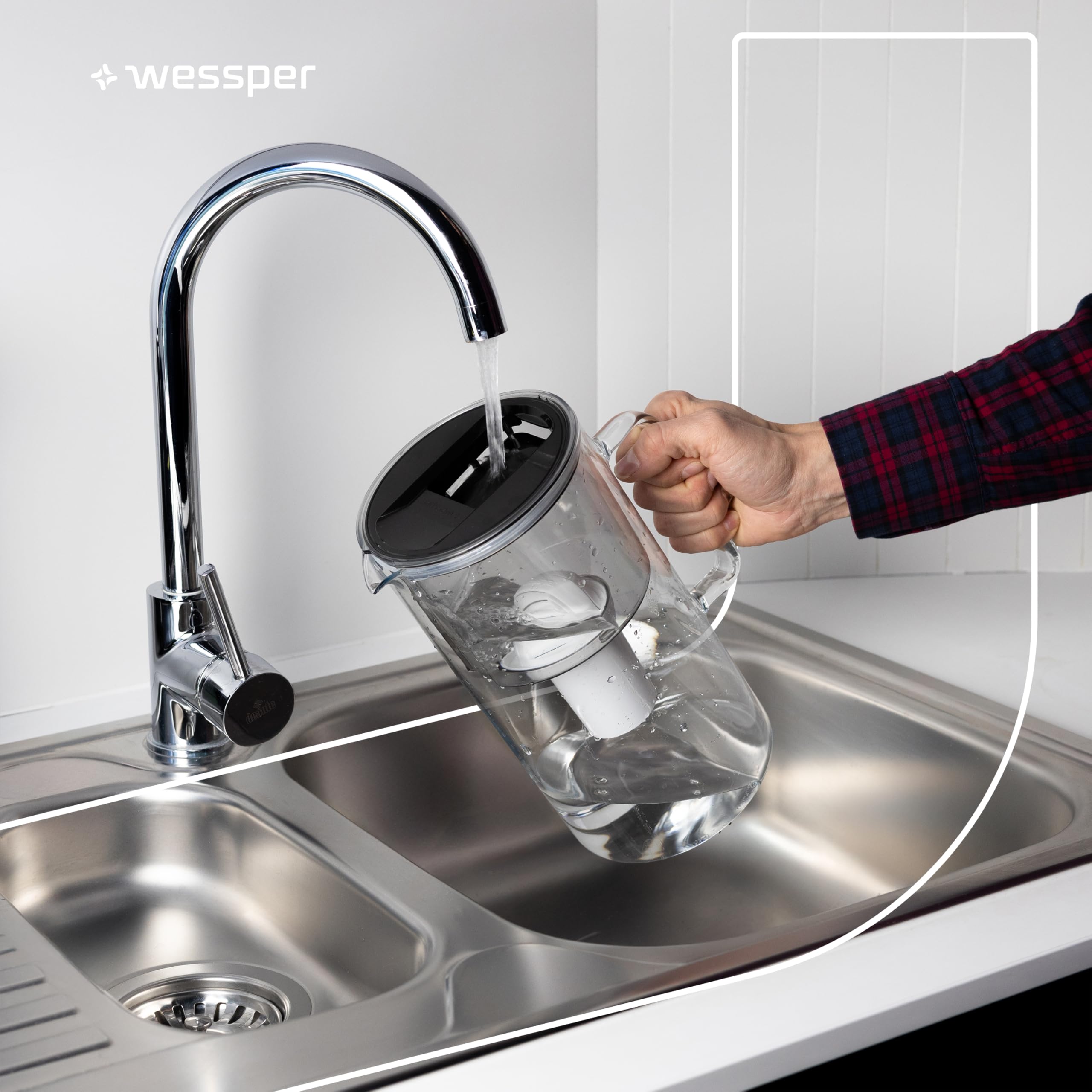 Wessper wasserfilter Kanne Glas 3L, karaffe mit 2 filter Classic - Schwarz