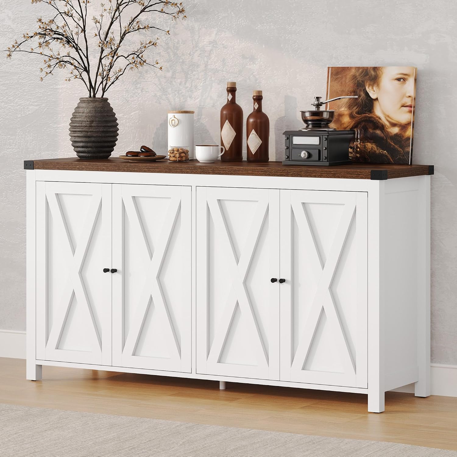 dwvo farmhouse sideboard buffet cabinet with storage, 55'' kitchen storage cabinet coffee bar cabinets with adjustable shelves for kitchen, living room, white&brown white brown 55" w