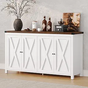 DWVO 55'' Sideboard Buffet Cabinet with Storage, Farmhouse Kitchen Storage Cabinet with 4 Doors, Large Coffee Bar Cabinets with Adjustable Shelves for Kitchen, Living Room, Brown