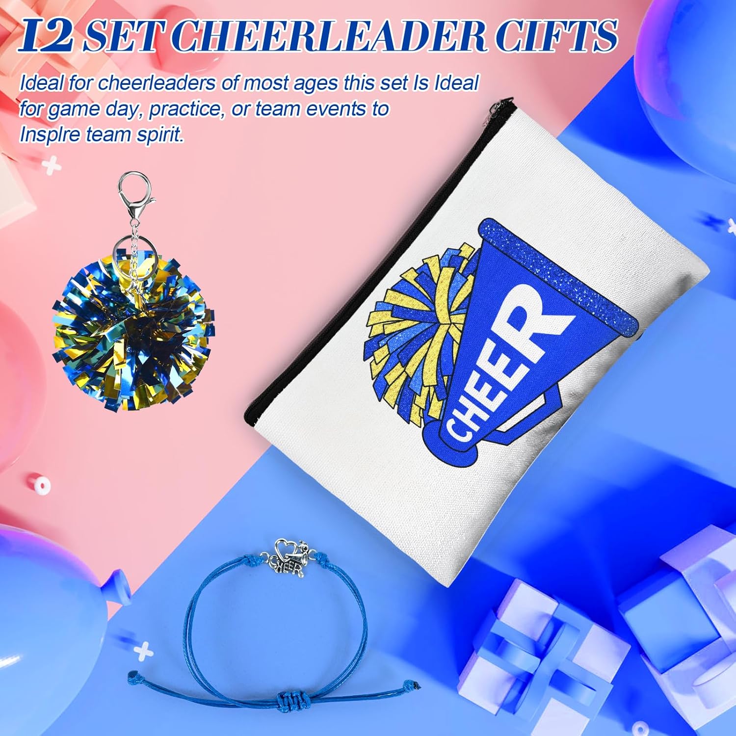 36 Pcs Cheer Makeup Bags Bulk Cheerleading Gifts Set Cheerleading Pom Pom Ball Key Chains Adjustable Cheer Bracelets Blue Cheer Accessories Bulk for Team Women Teammates Party Favors