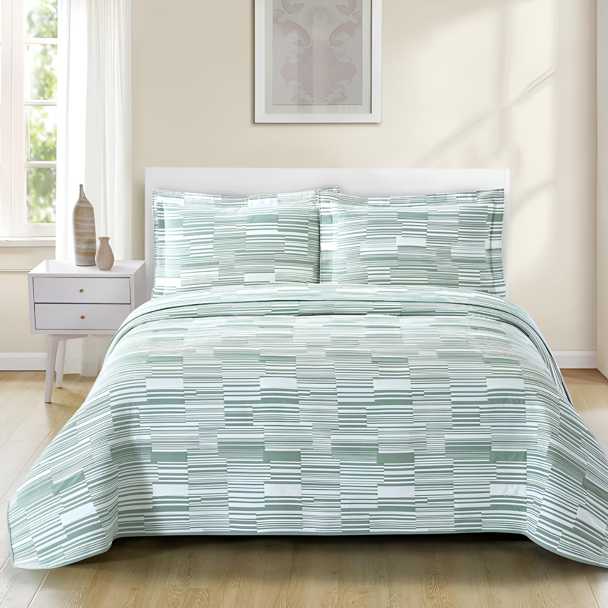 Colcha Jacquard Cama 150 (250x270) Diseño Minimalista para Primavera y Verano - Algodón y Poliéster - Cubrecama con Acolchado Ligero 200 gr/m² - Incluye 2 Fundas de Almohada (50x70) (Belgrado)