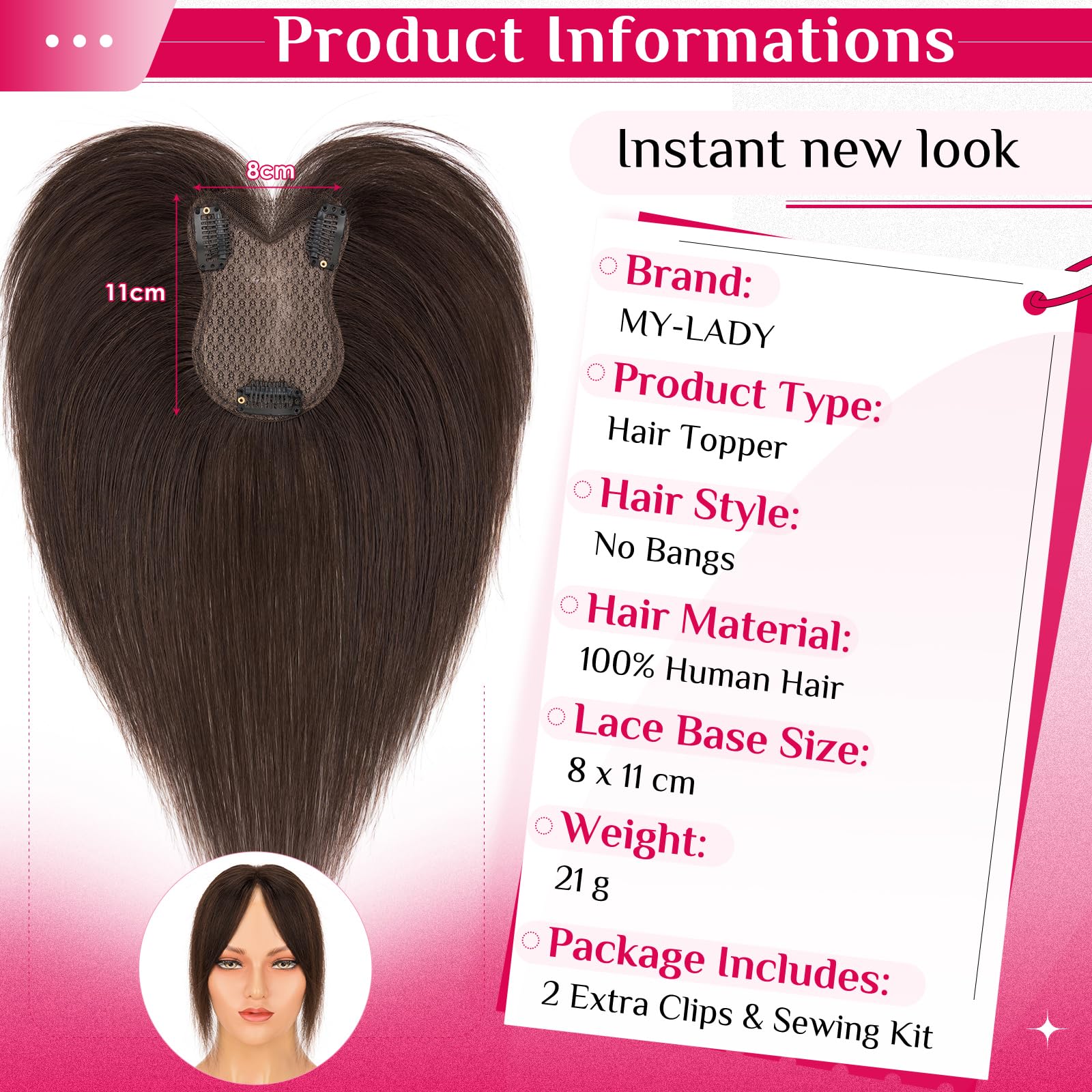 MY-LADY Topper Cheveux Humain Femme, Marron Foncé Volumateur Capillaire Naturel Fin Pour Femme Fille 21g Extension à Clip Cheveux Sans Frange(#02)