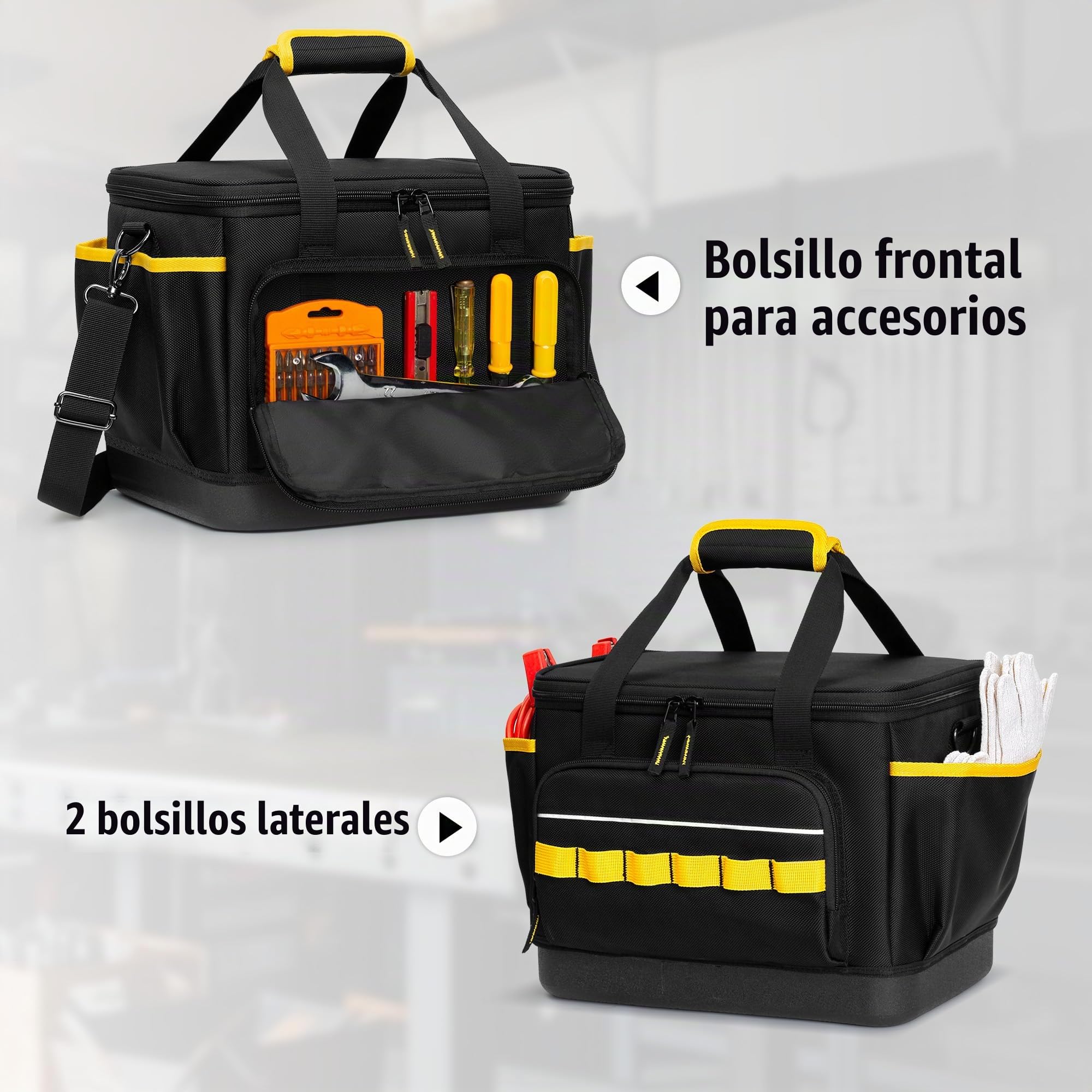 Rexmica Bolsa de Herramientas con Base Rígida de EVA/Correa para el Hombro | Bolsa de Herramientas Robusta Multifuncional para Electricistas, Fontaneros, Mecánicos y Uso Automotriz, Negro/Amarillo