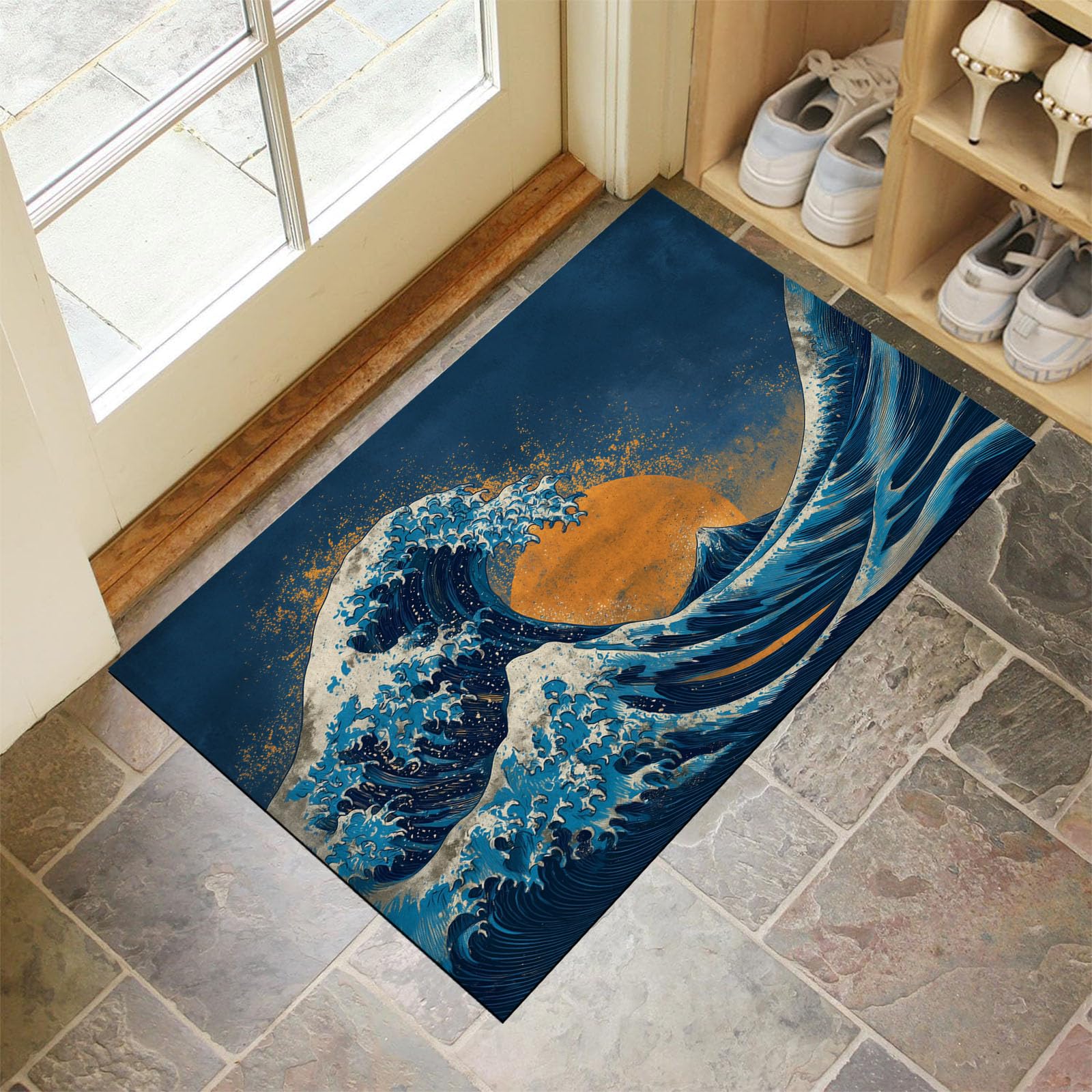 Paillasson fin bleu vagues du soleil tapis d'entrée antidérapant