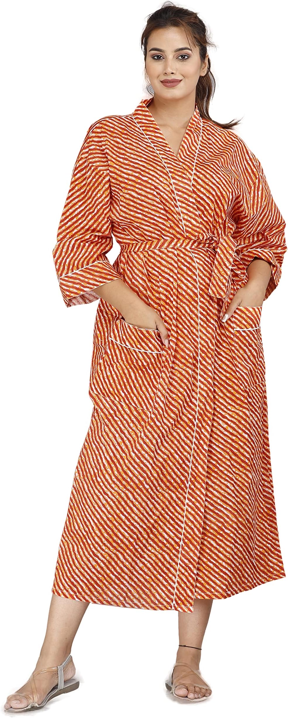 Travinart Plain Color Bath Robe Women Dress lovery cotton kimono robe Kafthan Bath robe (Orange Lahariya)