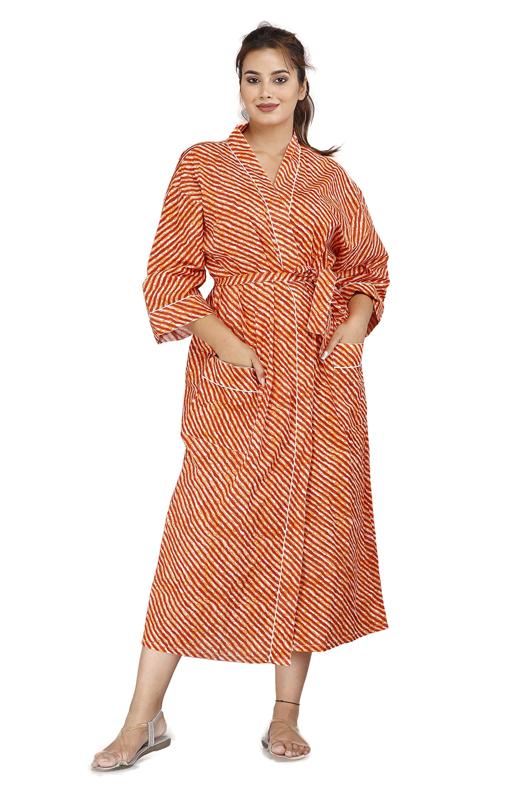 Travinart Plain Color Bath Robe Women Dress lovery cotton kimono robe Kafthan Bath robe (Orange Lahariya)