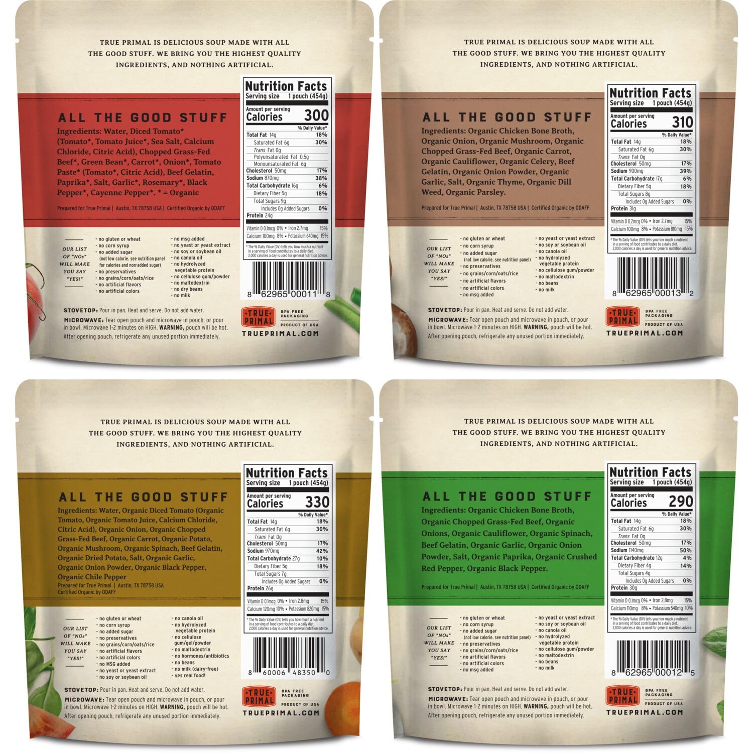 True Primal Souper Beef Variety 8-pack, Ready to eat, Gluten free, Paleo, Grass-fed beef, Whole30, Keto, Bone broth